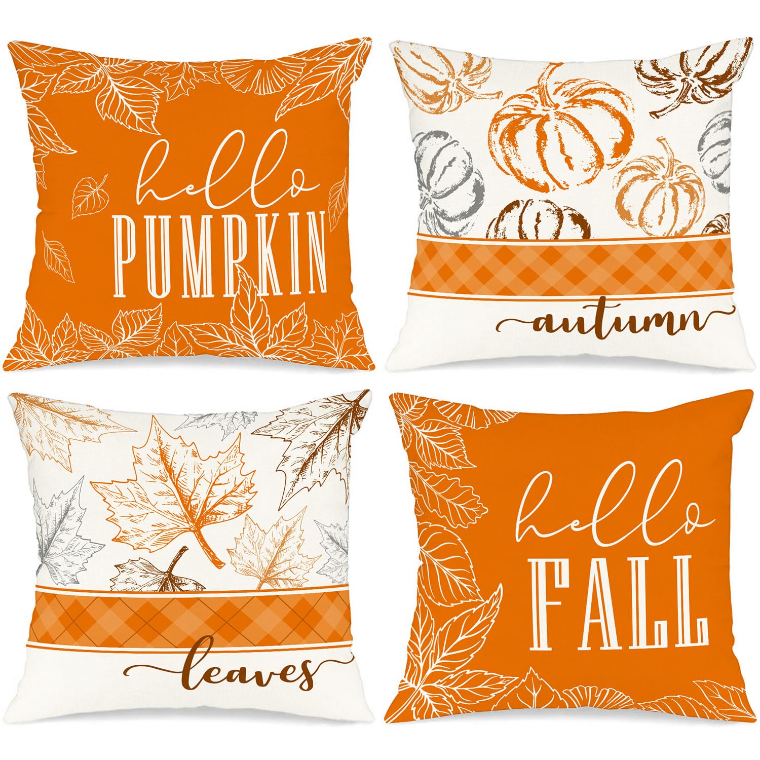Ywlake 18X18 Fall Pillow Covers Set Of 4, Hello Pumpkin Decorative Holiday 18 X 18 Autumn Cushion Covers Thanksgiving Pillow Cas