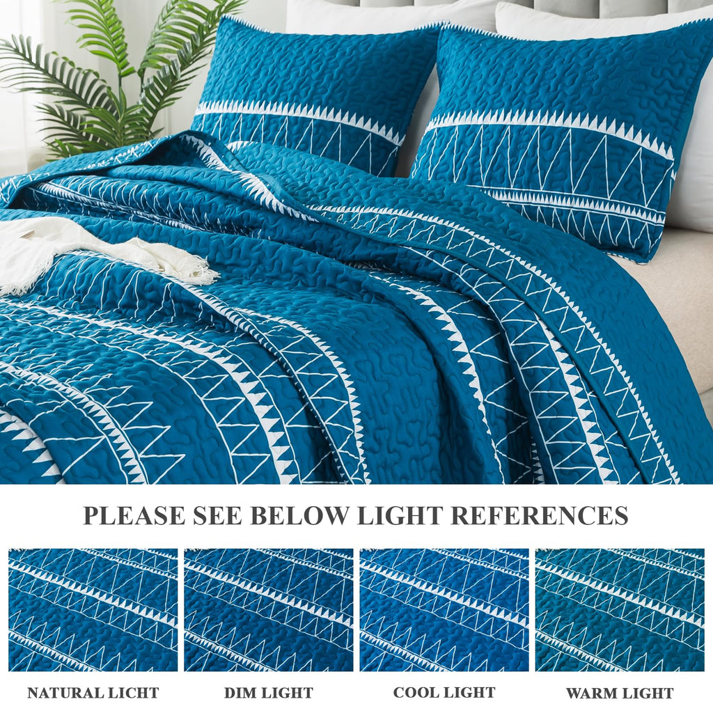 Andency Teal Quilt Set Twin (68X86 Inch), 2 Pieces(1 Striped Triangle Printed Quilt And 1 Pillowcase), Bohemian Summer Lightweight Reversible Microfiber Bedspread Coverlet Sets