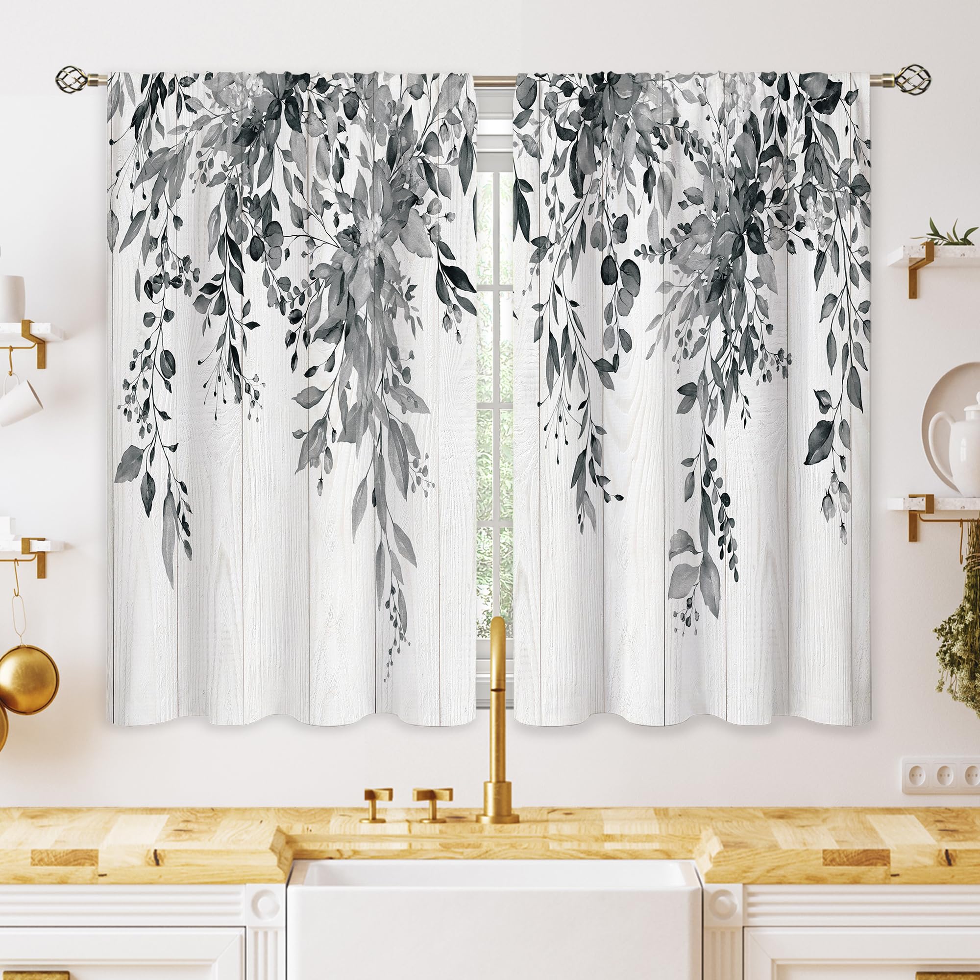 Oolygoo Farmhouse Grey Eucalyptus Small Kitchen Curtains Leaves Window Treatment Black White Wooden Cafe Short Curtains For Bath