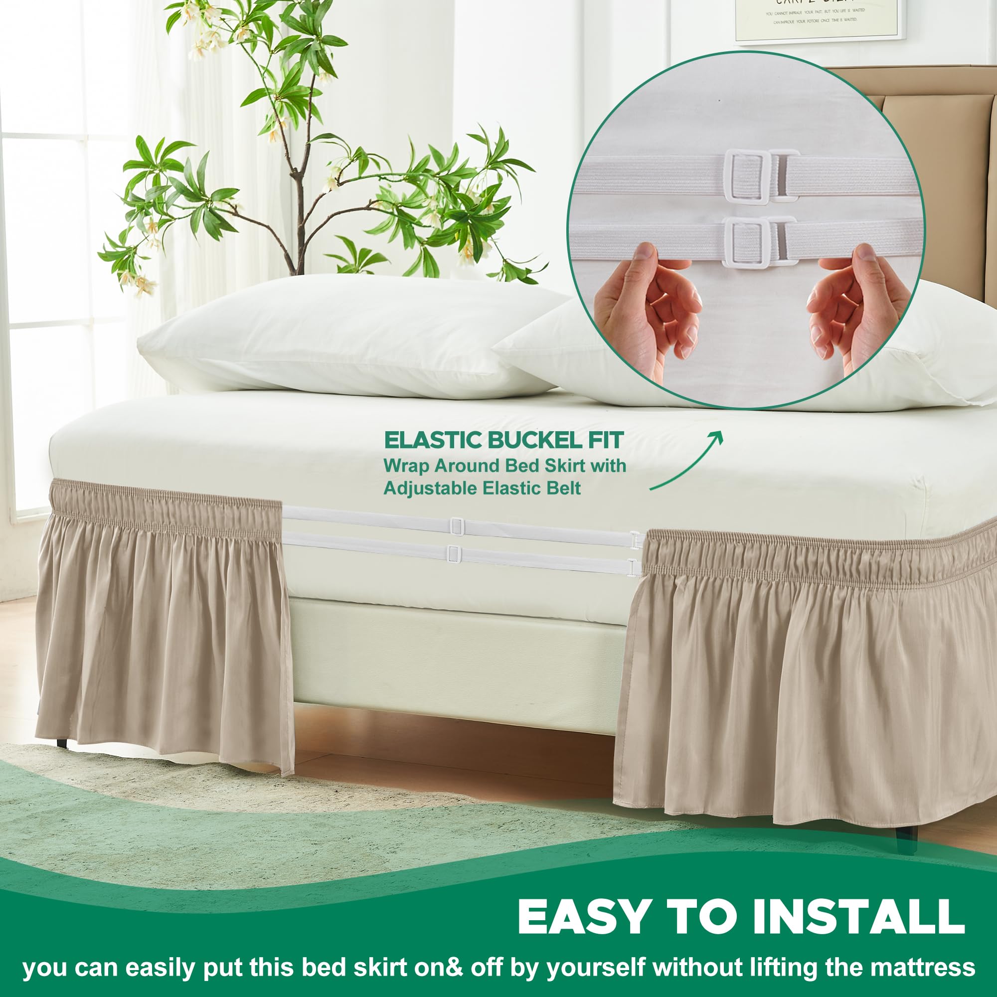 Biscaynebay Wrap Around Bed Skirts For King & Cal King Beds 14' Drop, Light Camel Adjustable Elastic Dust Ruffles Easy Fit Wrinkle & Fade Resistant Silky Luxurious Fabric Solid Machine Washable