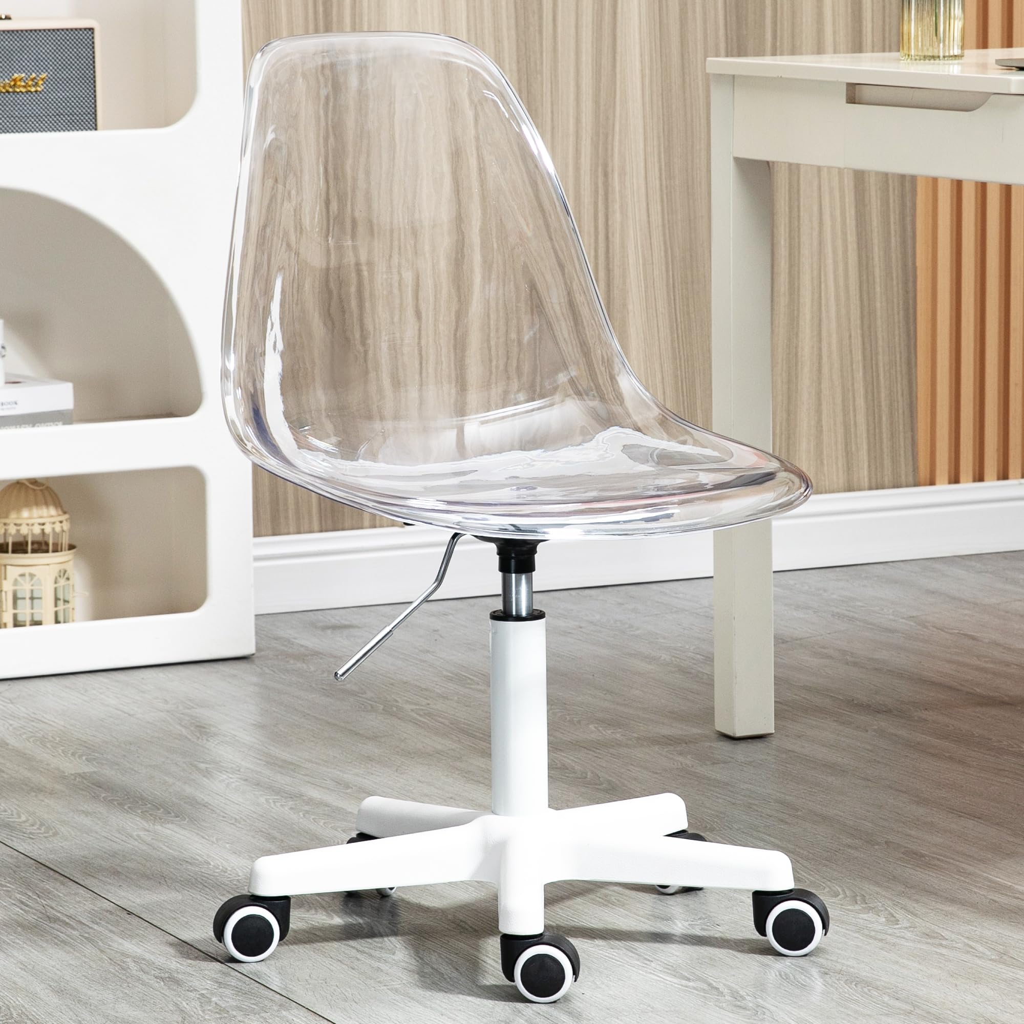 Villeston Acrylic Clear Desk Chair, Modern Small Cute Armless Vanity Rolling Plastic Chair Home Office Lucite Ghost Chairs With