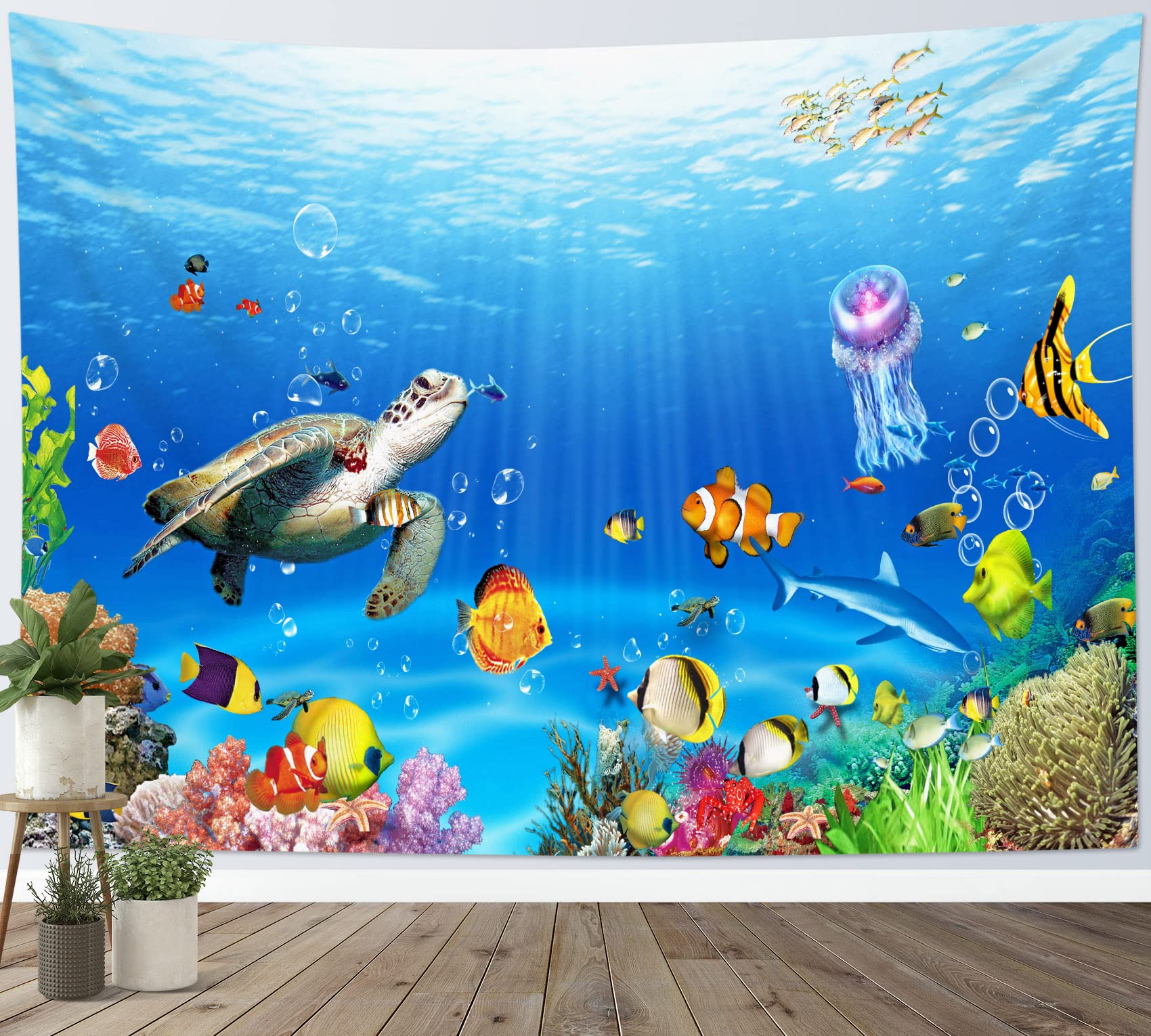 Hvest Sea Turtle Tapestry Tropical Fish Jellyfish And Coral Reef Under Blue Sea Wall Hanging Blanket Ocean Tapestries For Bedroo