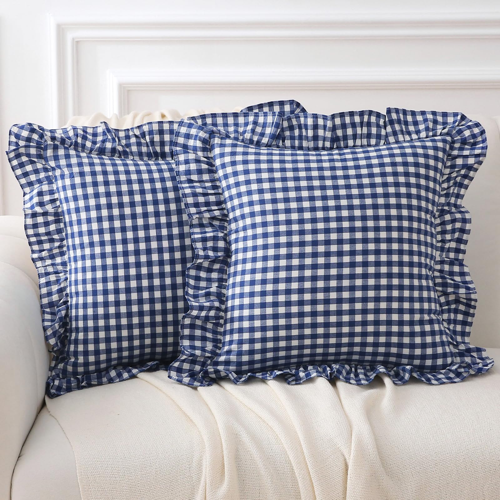 K Masaniji 2 Pack Navy Blue White Plaid Ruffle Gingham Throw Pillow Covers 18X18 Inches, 100% Cotton Checkered Farmhouse Decorat