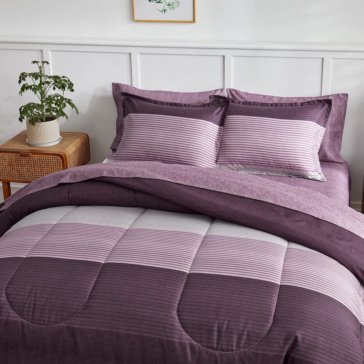 Flysheep Ombre Striped Bed in a Bag 7 Pieces King Size, Purple and Grey Stripes Comforter Sheet Set (1 Comforter, 1 Flat Sheet, 