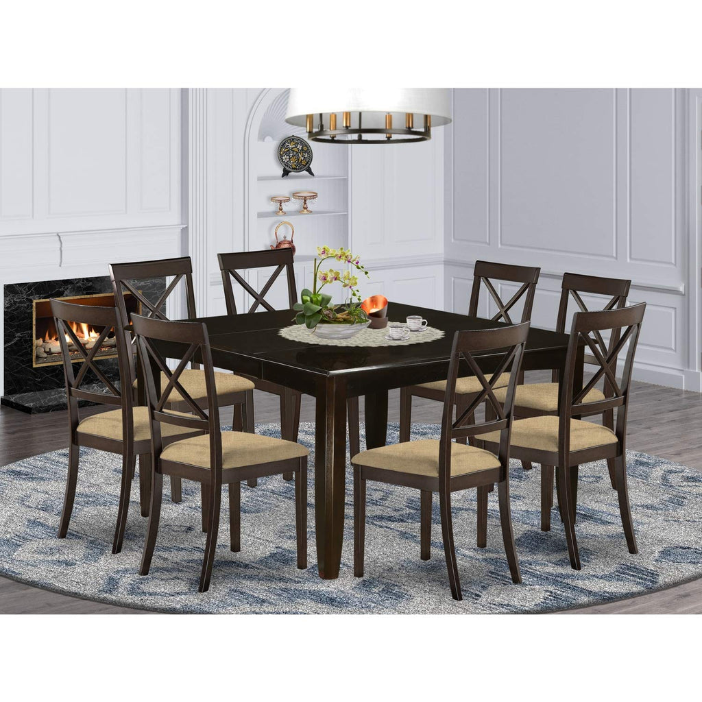 East West Furniture PFBO9-CAP-C 9 Piece Dining Table Set Includes a Square Wooden Table with Butterfly Leaf and 8 Linen Fabric Dining Room Chairs, 54x54 Inch, Cappuccino