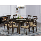 East West Furniture PFBO9-CAP-C 9 Piece Dining Table Set Includes a Square Wooden Table with Butterfly Leaf and 8 Linen Fabric Dining Room Chairs, 54x54 Inch, Cappuccino
