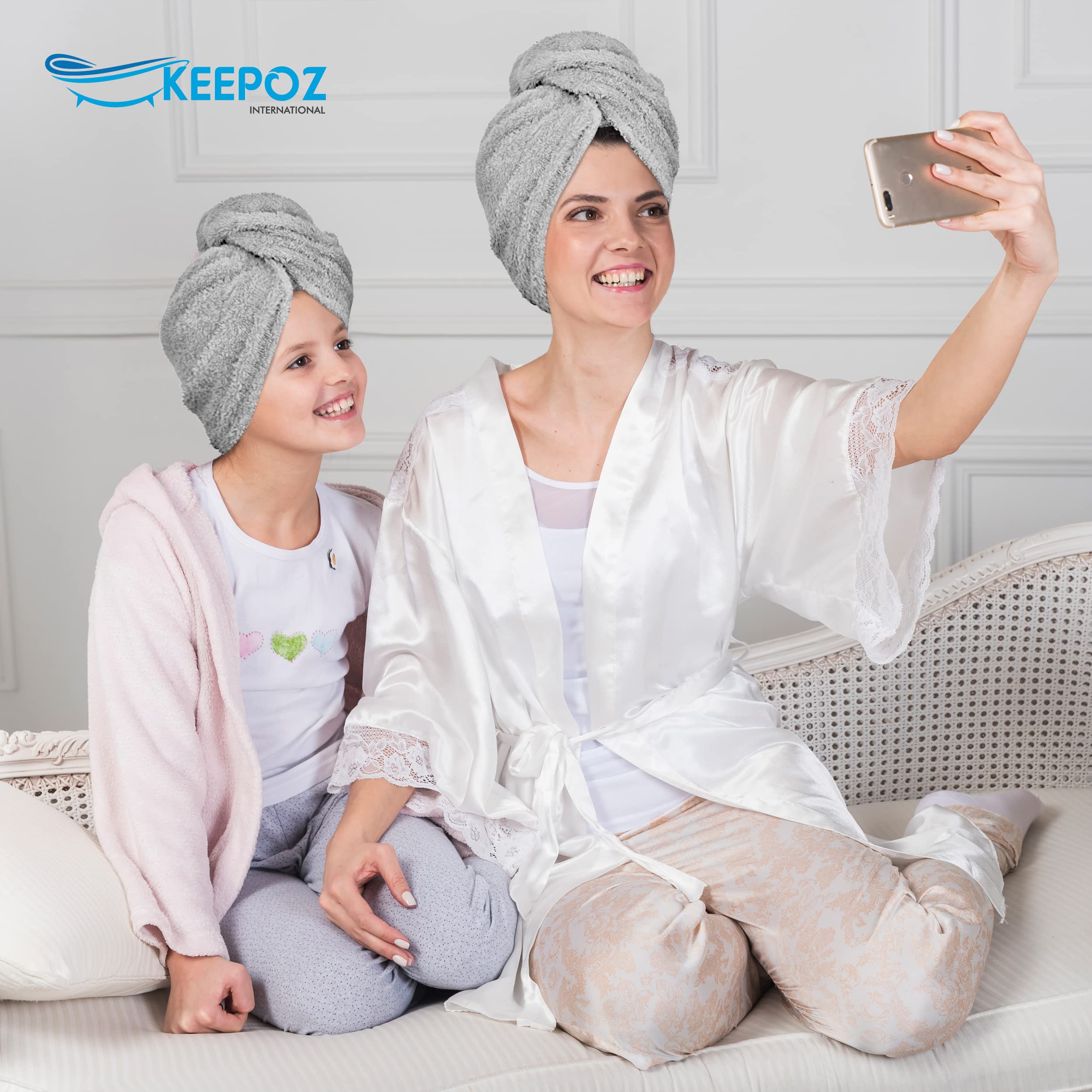 Keepoz Hair Towel Wrap Quick Dry 100% Cotton Super Absorbent Turban Head Wrap For Women With Button, Non Microfiber Anti Frizz H