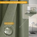 Jowels Long Linen Shower Curtains - Inside And Out Sage Green, Snap On Shower Curtain Liner, No Hooks Needed Bath Curtains, Mesh