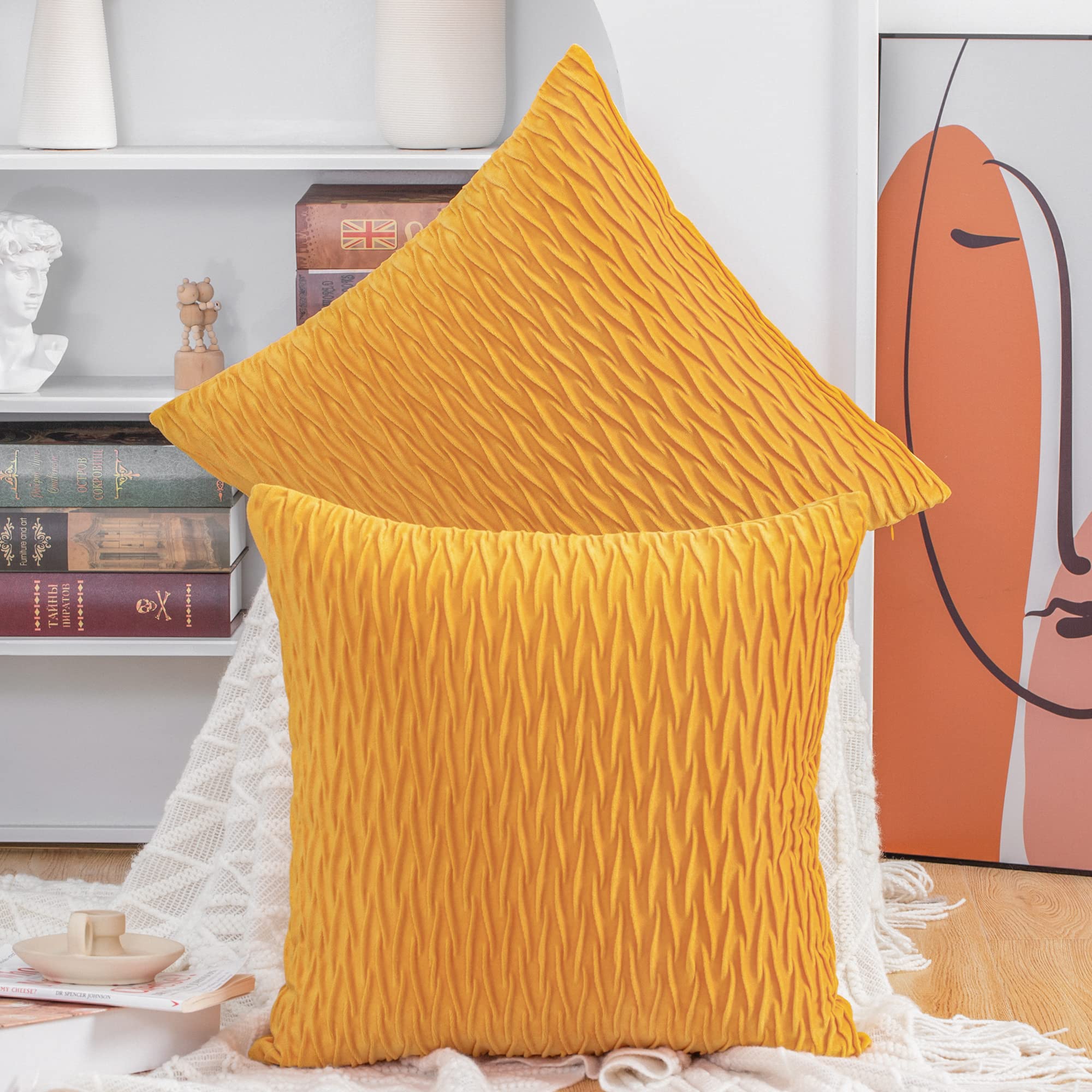 Madizz Set Of 2 Super Soft Velvet Decorative Throw Pillow Covers 22X22 Inch Yellow Square With Texture Luxury Style Cushion Case