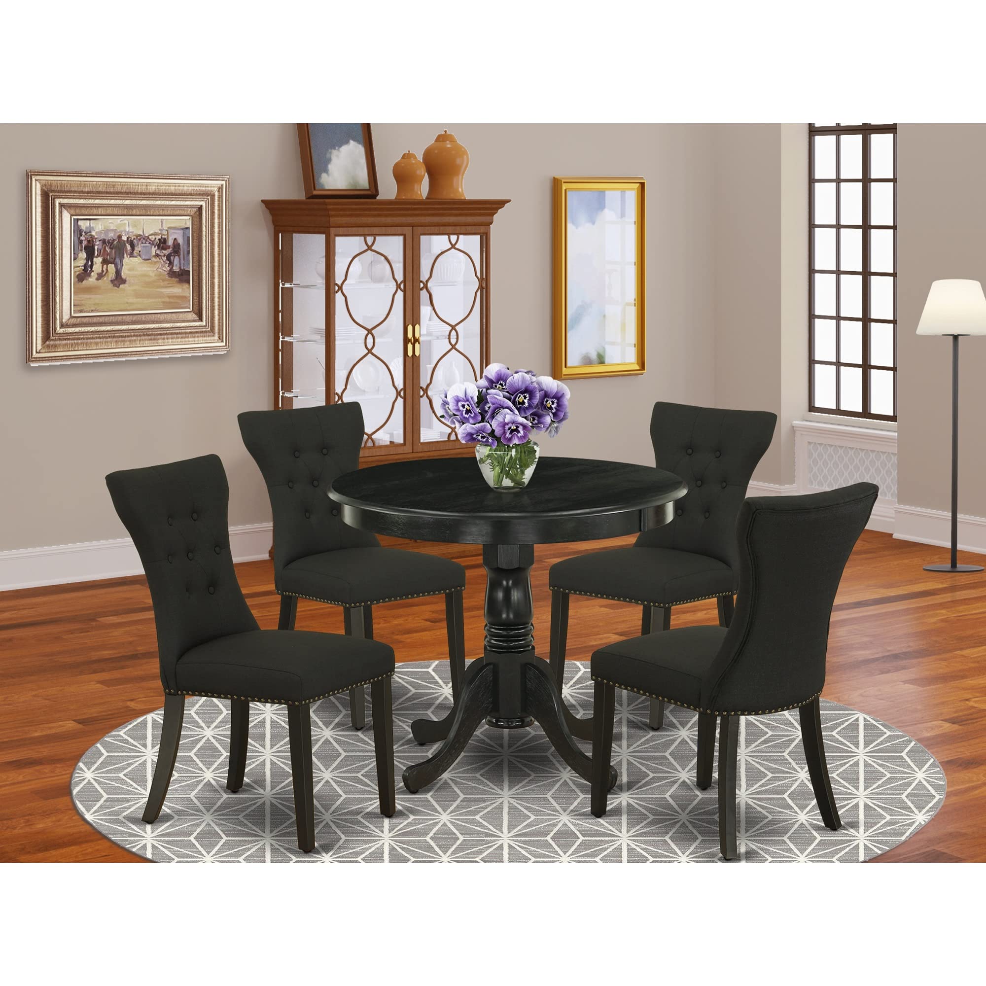 East West Furniture Anga5-Abk-24 5 Piece Dining Table Set For 4 Includes A Round Kitchen Table With Pedestal And 4 Black Linen Fabric Parsons Dining Chairs, 36X36 Inch, Wirebrushed Black