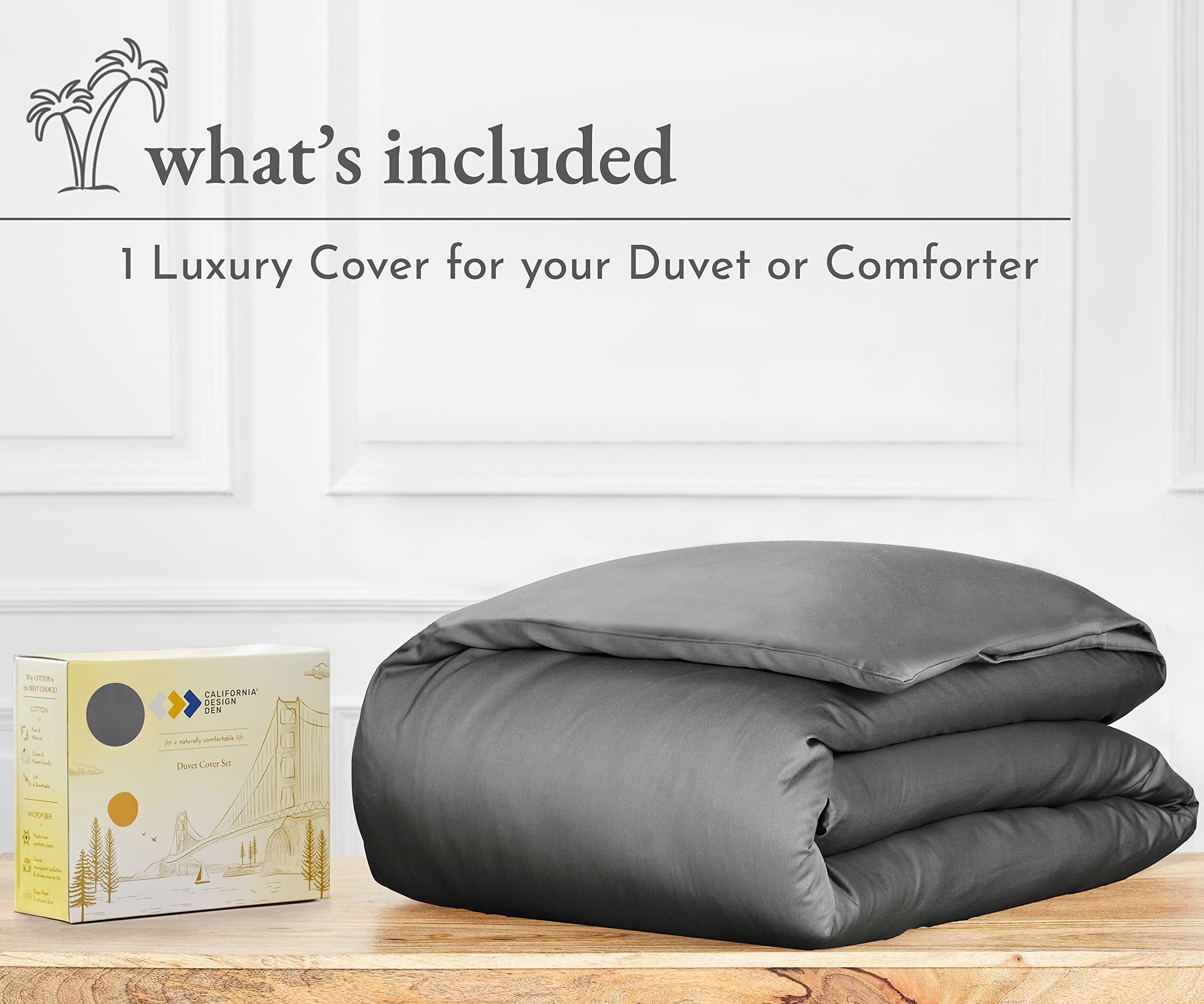 California Design Den 100% Natural Cotton Duvet Cover - Premium 400 Thread Count, Cooling Comforter Cover, Smooth Sateen Weave, Button Closure And Corner Ties (1 Piece, Dark Gray, Queen)