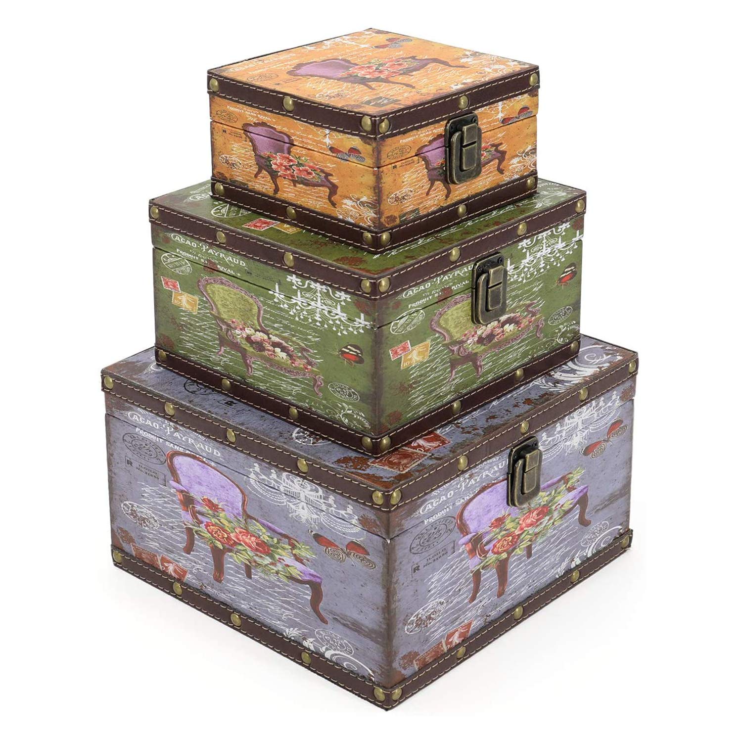 Jolitac Wooden Storage Box Set of 3, Vintage Decorative Boxes with lid Home Decor, Wood Storage Nesting Boxes With Latch, Rustic