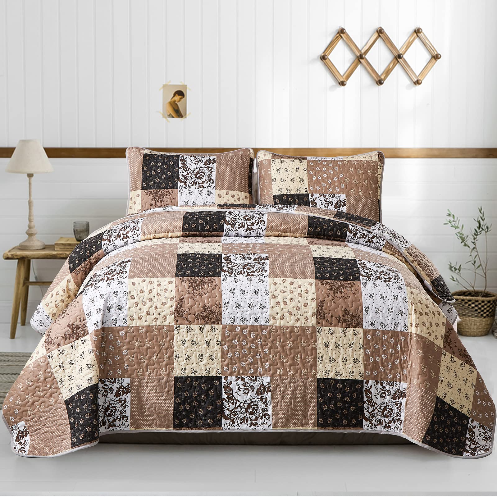 Mybedsoul Brown Patchwork Quilt Set California King Size,3 Pieces Khaki Floral Plaid Reversible Bedspread Coverlet Set For All S