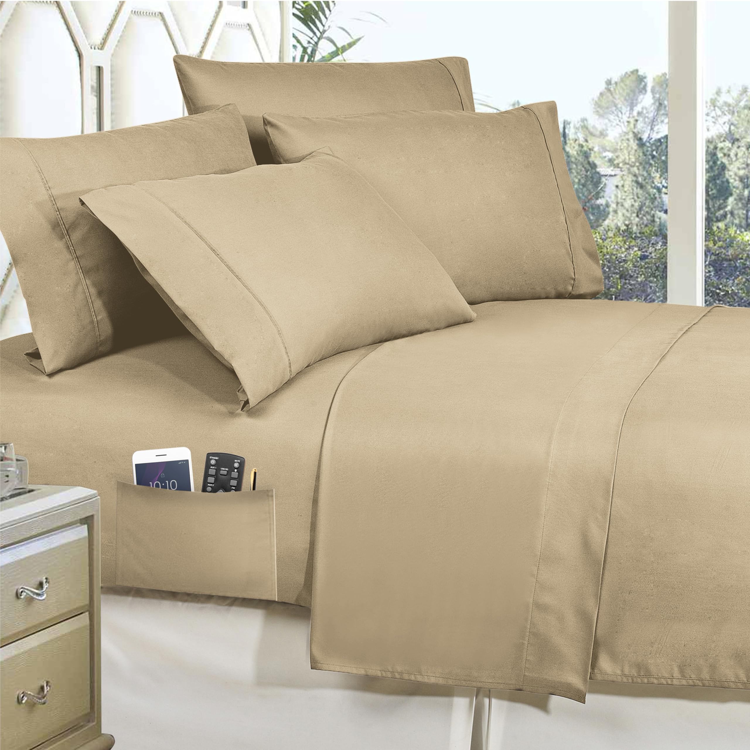 Elegant Comfort 8- Piece Lodge Plaid Reversible Comforter Set Bed-In-A-Bag Set - Silky Soft Complete Set Includes Bed Sheet Set With Double Sided Storage Pockets, King/Cal King, Taupe