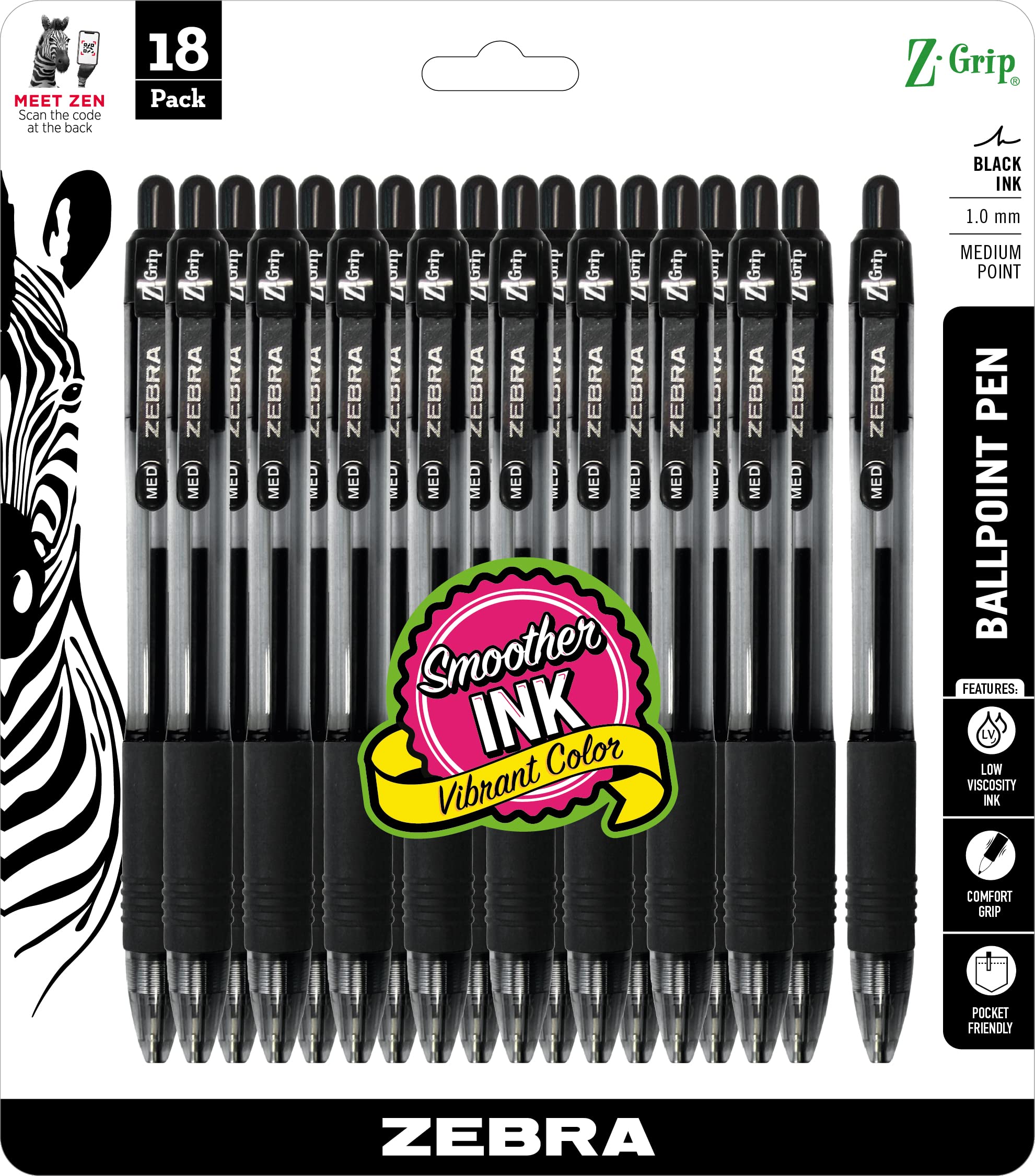 Zebra Pen Z-Grip Retractable Ballpoint Pen, Medium Point, 1.0Mm, Black Ink, 18 Pieces, Model Number: 22218 (Pack Of 48, 864 Coun