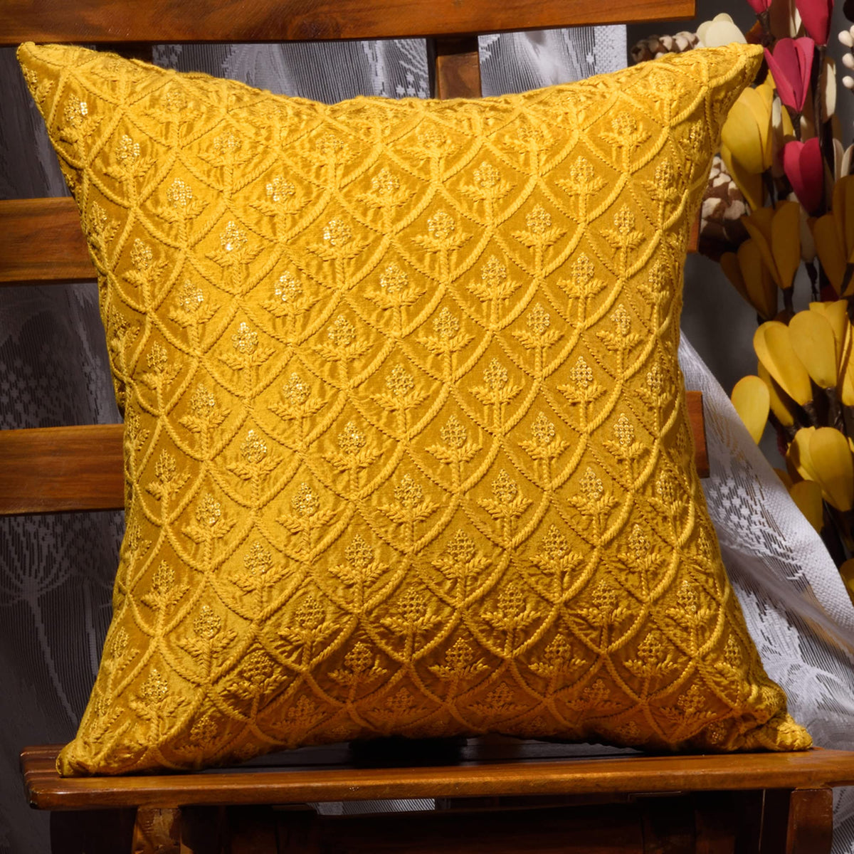 Scarlett Linens Embroidered Throw Pillow Covers 16X16 Inches Mustard Pack Of 1