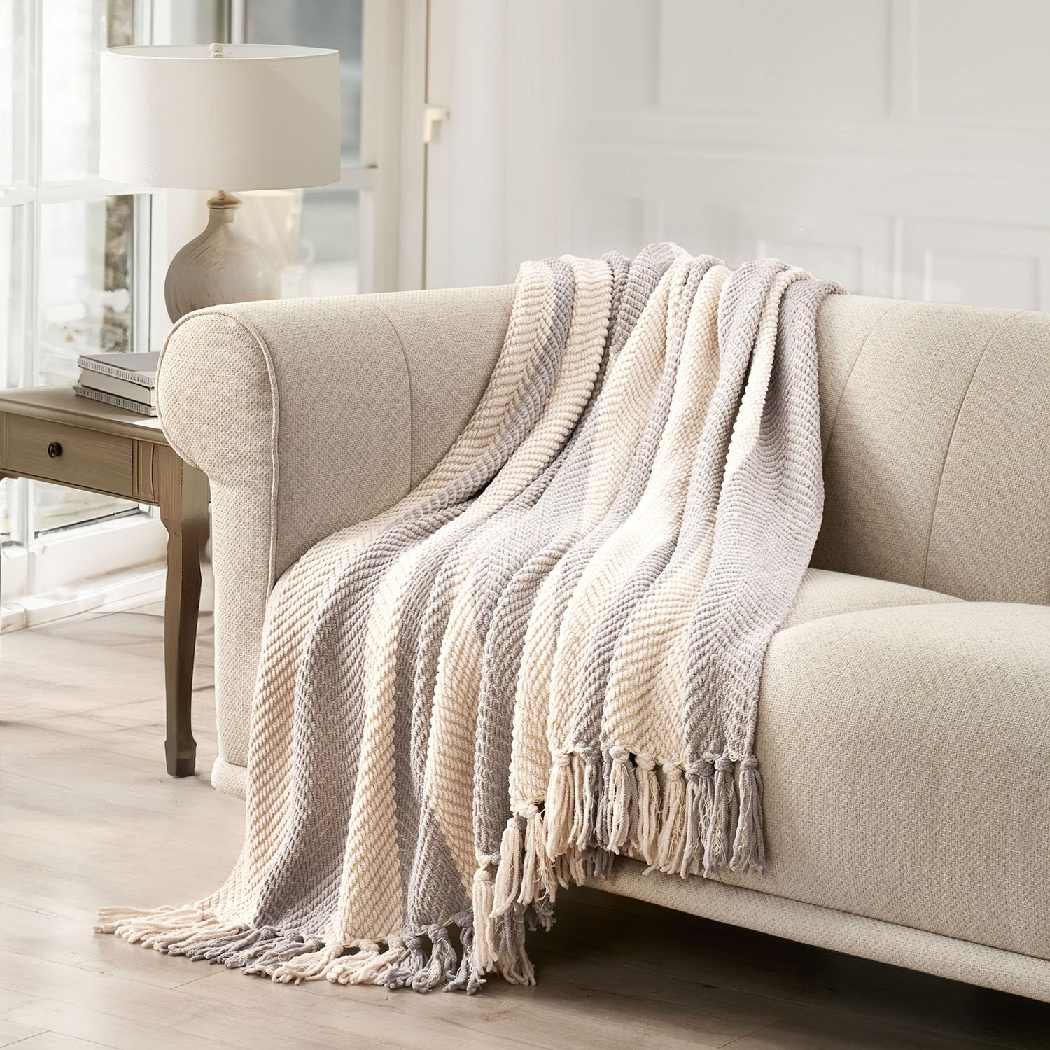 Evergrace Striped Chenille Knit Grey Throw Blanket For Couch, Textured Woven Boho Knitted Blanket For Bed, Super Soft Cozy Shabb