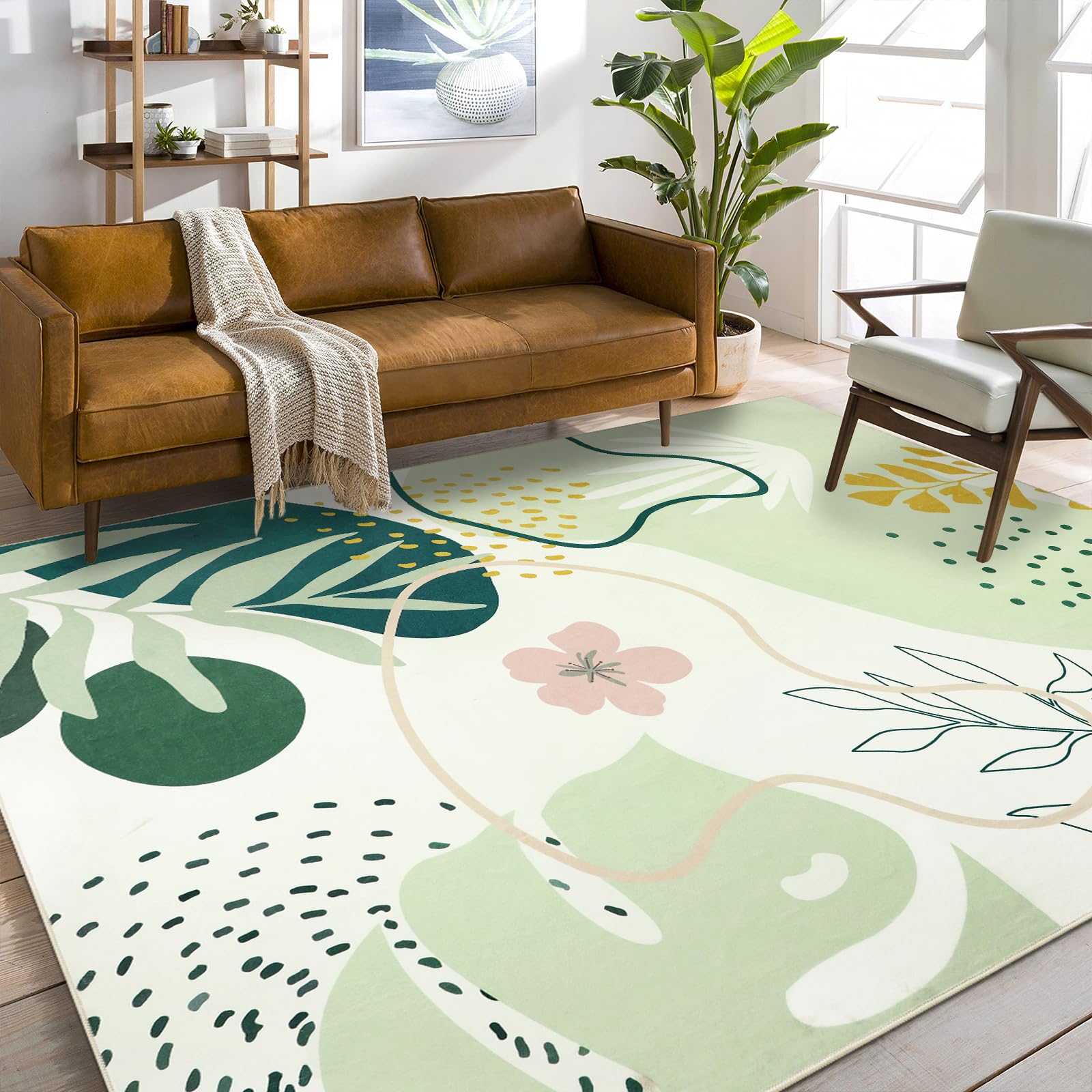 Capslpad Area Rugs 8x10, Boho Rug for Living Room, Washable Rugs, Low Pile Soft Non-Shedding, Green Botanical Print Rug for Bedr