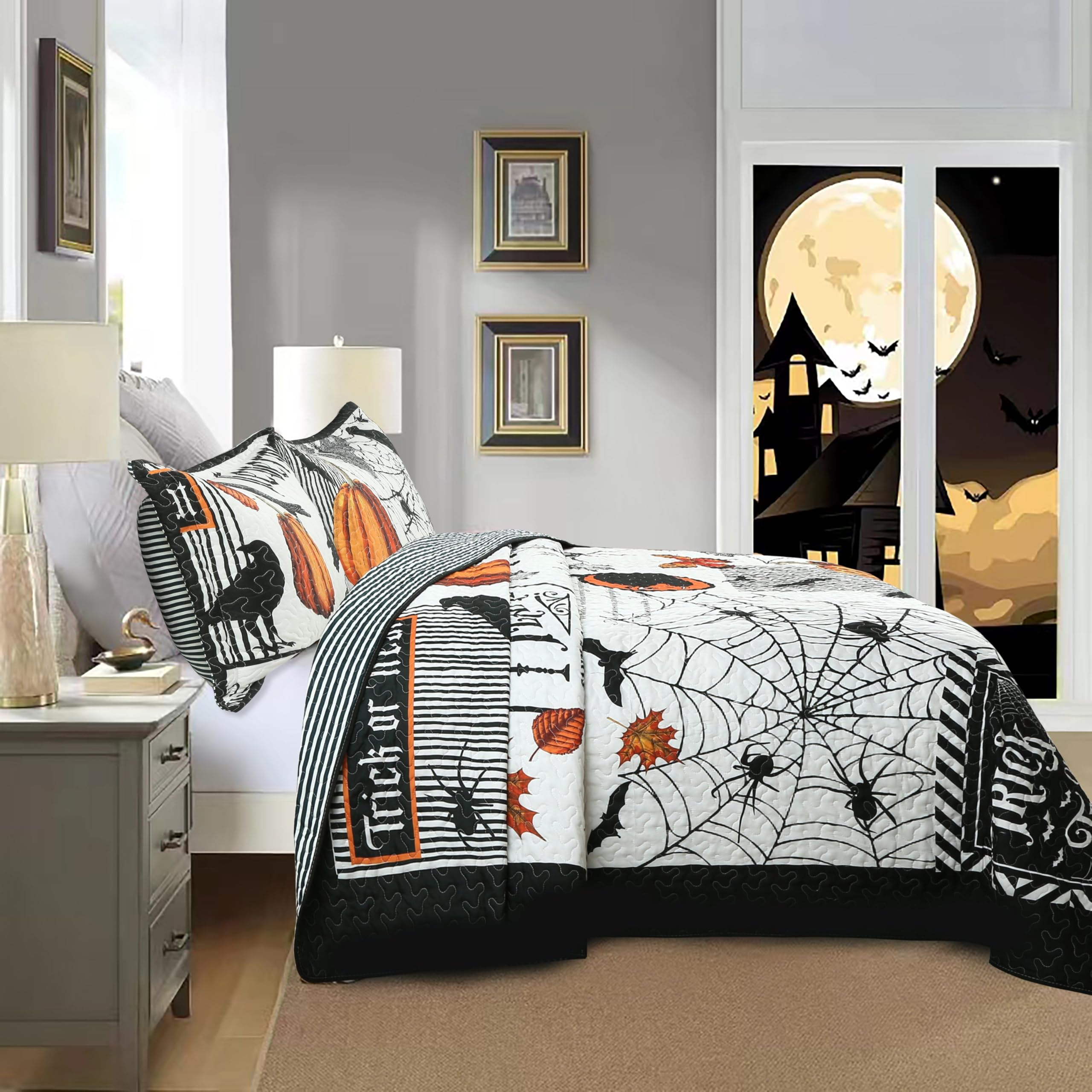 Marcielo 3 Pcs Halloween Themed Quilt Bedspread Set - Cozy And Spooky Pumpkin And Ghost Pattern Me500 (Halloween, King)