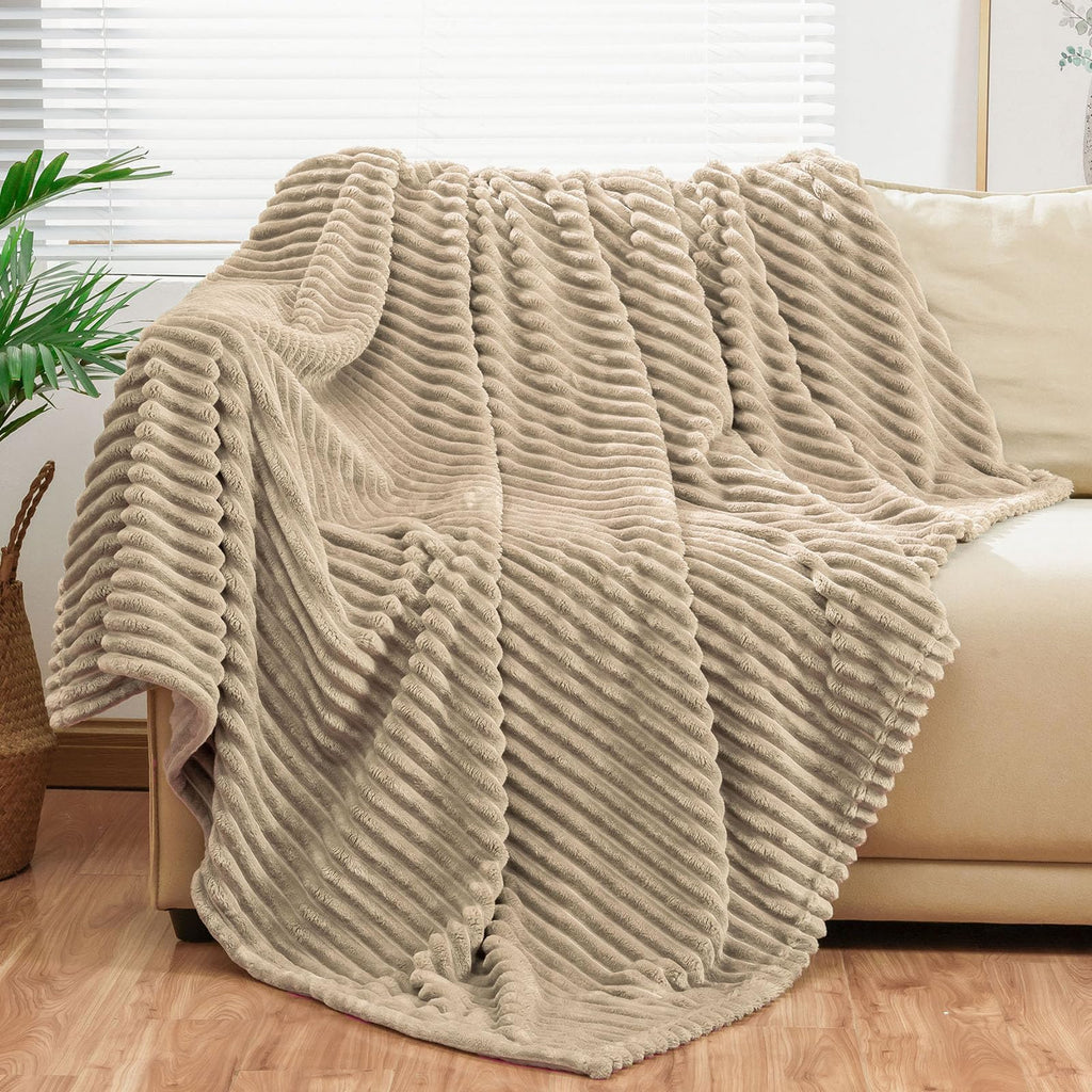 Bnuitland Light Camel Flannel Throw (50X70 Inches) With Storage Pouch,300Gsm Super Soft Fleece Stripe Pattern Sofa Blanket For A