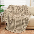Bnuitland Light Camel Flannel Throw (50X70 Inches) With Storage Pouch,300Gsm Super Soft Fleece Stripe Pattern Sofa Blanket For A