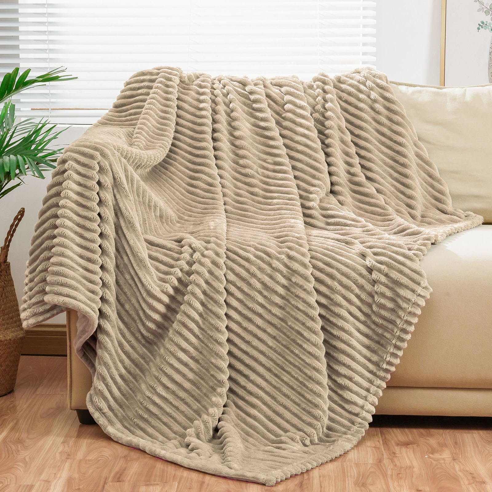 Bnuitland Light Camel Flannel Throw (50X70 Inches) With Storage Pouch,300Gsm Super Soft Fleece Stripe Pattern Sofa Blanket For A