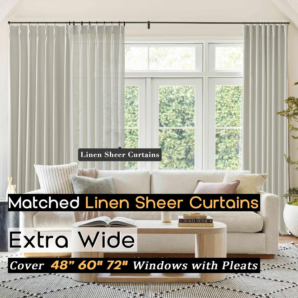 Shineland 8Ft Bay Window Curtains 2 Panel Sets For Living Room 96 Inch Length,8 Foot Ft Linen Pinch Pleated To 98 Inch Long Blackout Farmhouse Drop Cloth Curtains