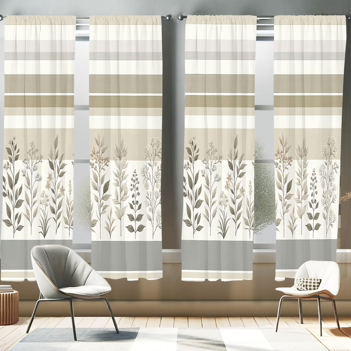 Ambesonne Striped Window Curtains Pack of 2, Modern Minimalist Leafy Scene Neutral Boho Stripes with Floral Details, Lightweight