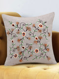 Mezposh Rustic Beige And Multi Cotton Chambray Floral Embroidered Cushion Cover (16X16 Inch)