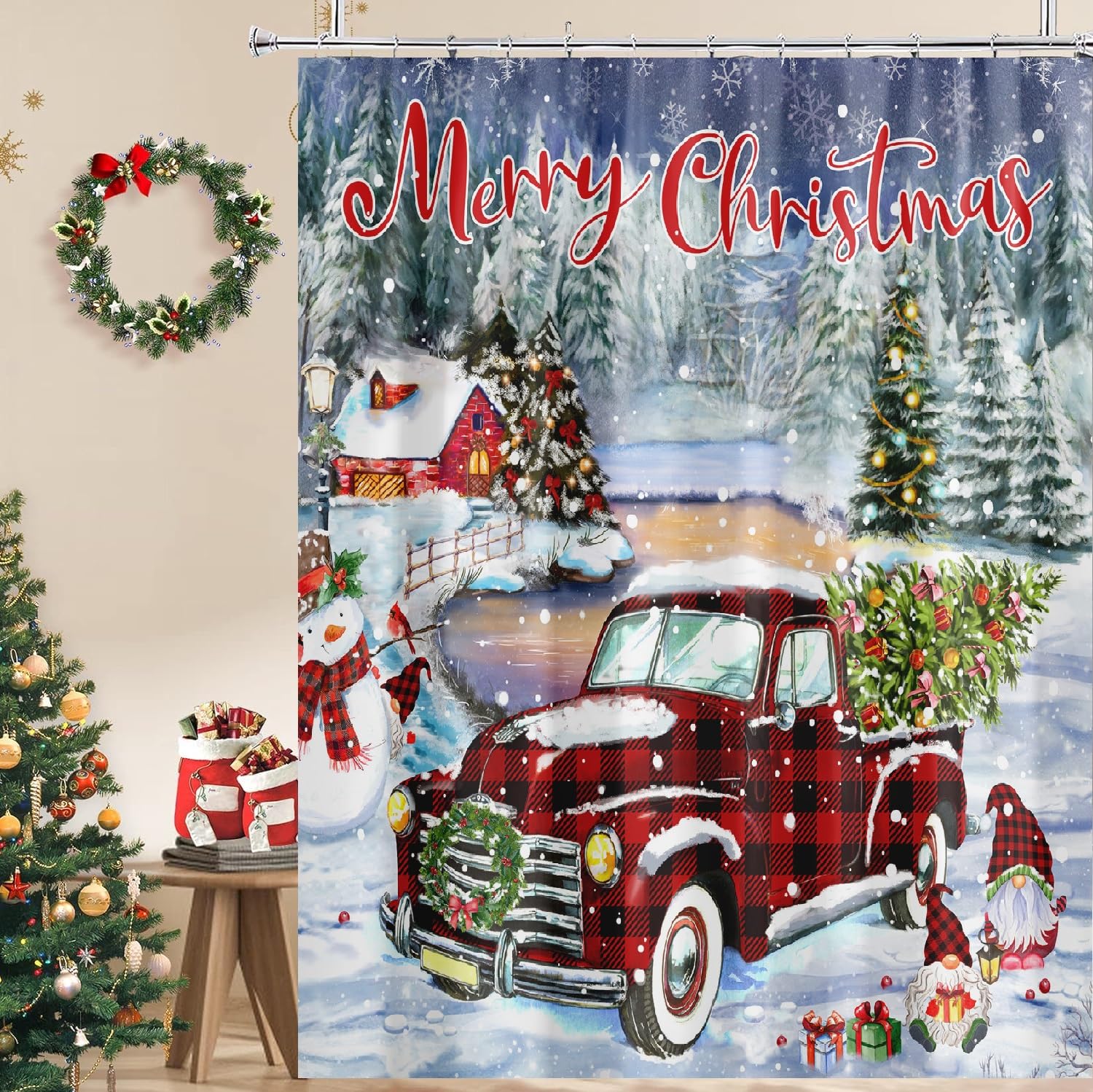 Bivinar Merry Christmas Shower Curtain, Buffalo Plaid Red Truck With Christmas Tree Shower Curtain, Winter Snowy Snowflake Snown
