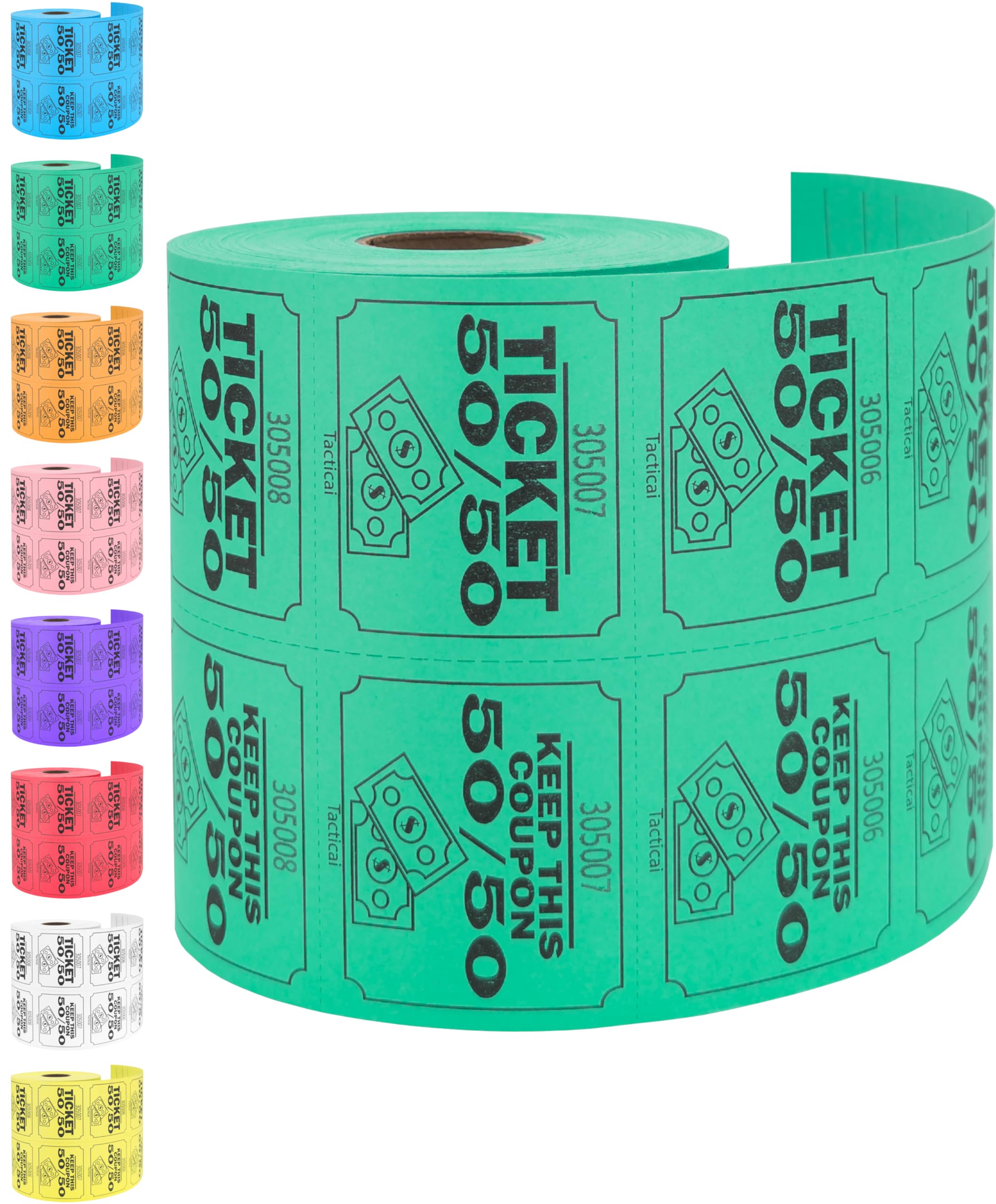 Tacticai 500 Raffle Tickets, 50/50, Green (8 Color Selection), Double Roll, Large Ticket For Events, Entry, Class Reward, Fundra