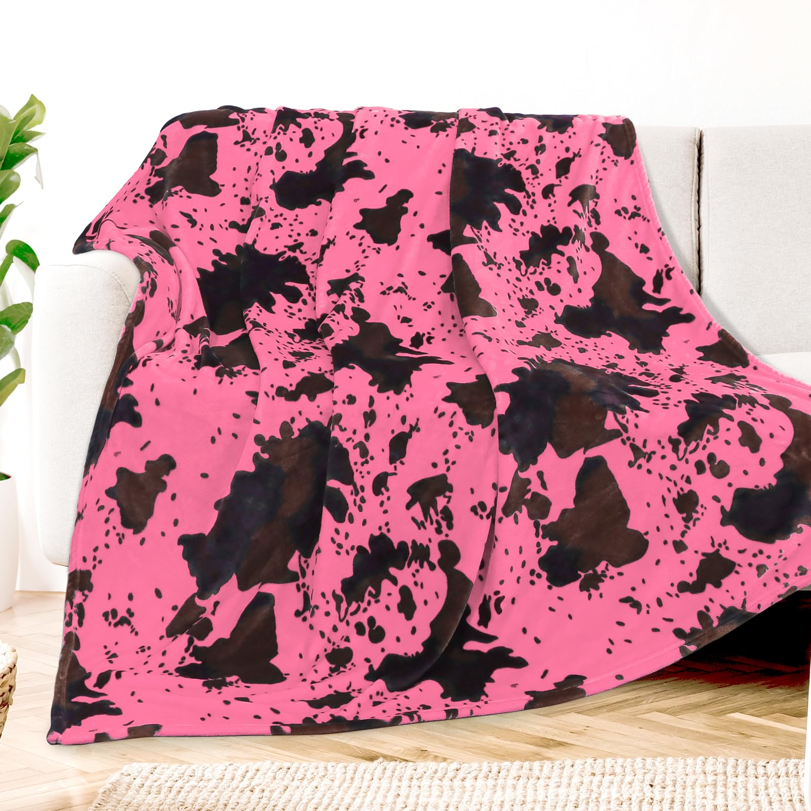 Kivee Hot Pink Cow Blanket Flannel Fleece Throw Blanket Soft Cozy Black Cow Print Blankets For Bed Couch Sofa 60 X 80 Inch