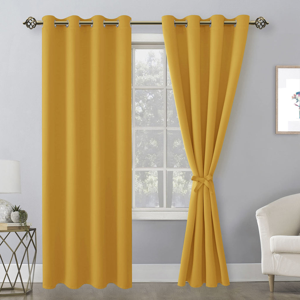 Hiasan Blackout Curtains For Bedroom, 52 X 96 Inches Long - Thermal Insulated & Light Blocking Window Curtains For Living Room, 2 Drape Panels Sewn With Tiebacks, Mustard Yellow