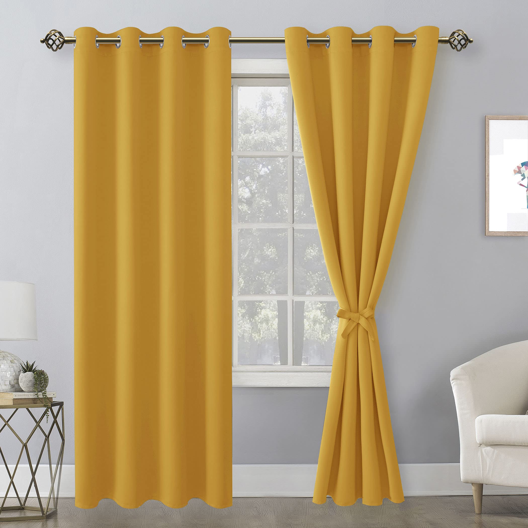 Hiasan Blackout Curtains For Bedroom, 52 X 96 Inches Long - Thermal Insulated & Light Blocking Window Curtains For Living Room, 2 Drape Panels Sewn With Tiebacks, Mustard Yellow