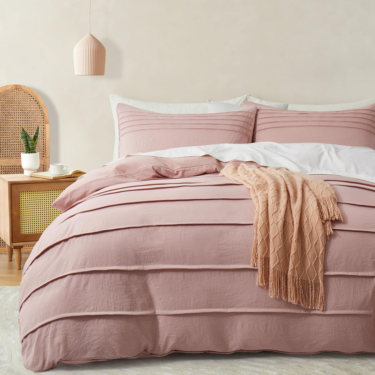 Oli Anderson Misty Rose Duvet Cover Queen Size - Pleated Queen Duvet Cover, 3Pcs Soft And Breathable Textured Bedding Set With Z