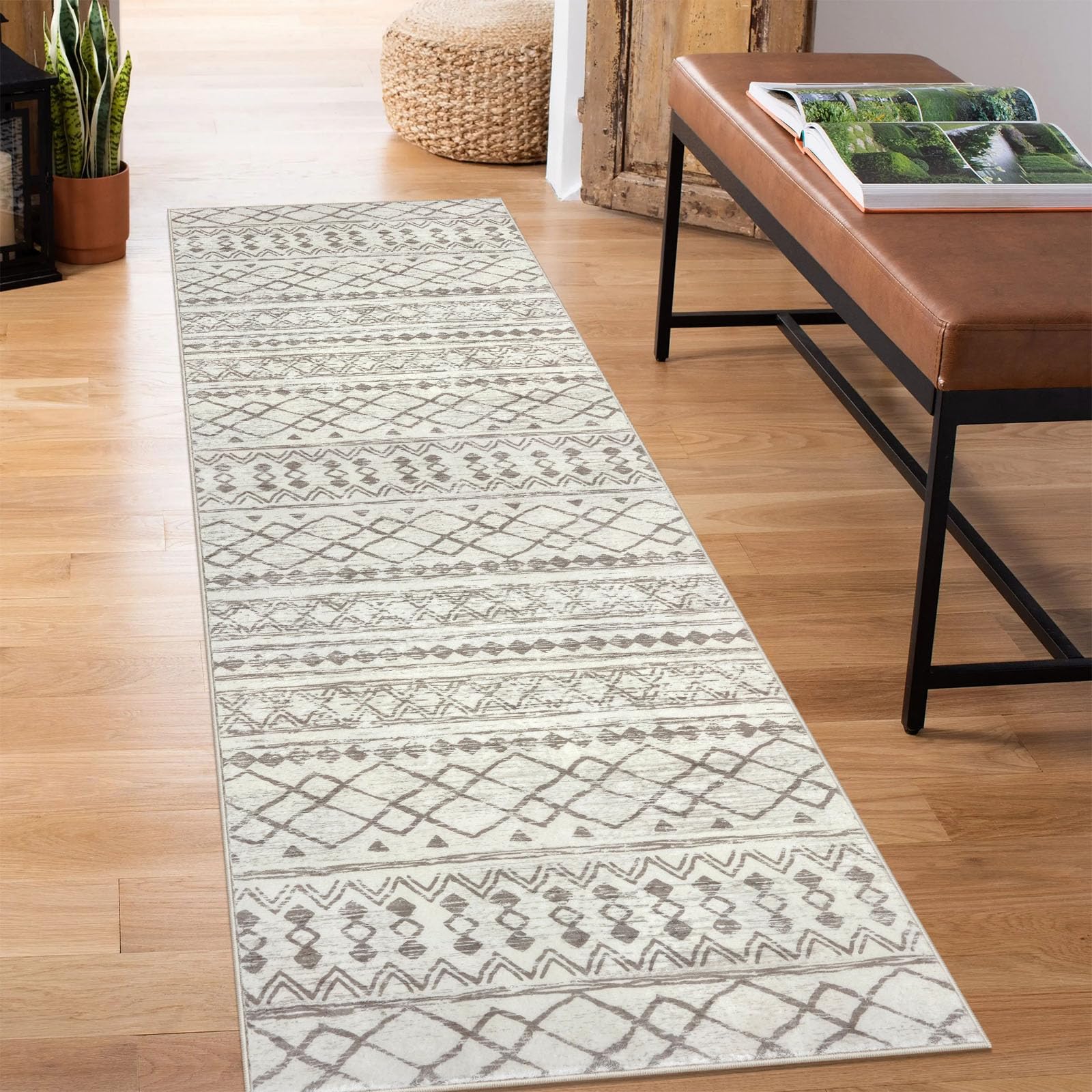 KUTA Boho Hallway Runner Rug 2x5 ft Moroccan Washable Runner Rug Non-Slip Vintage Beige Kitchen Rug Ultra Soft Distressed Geomet