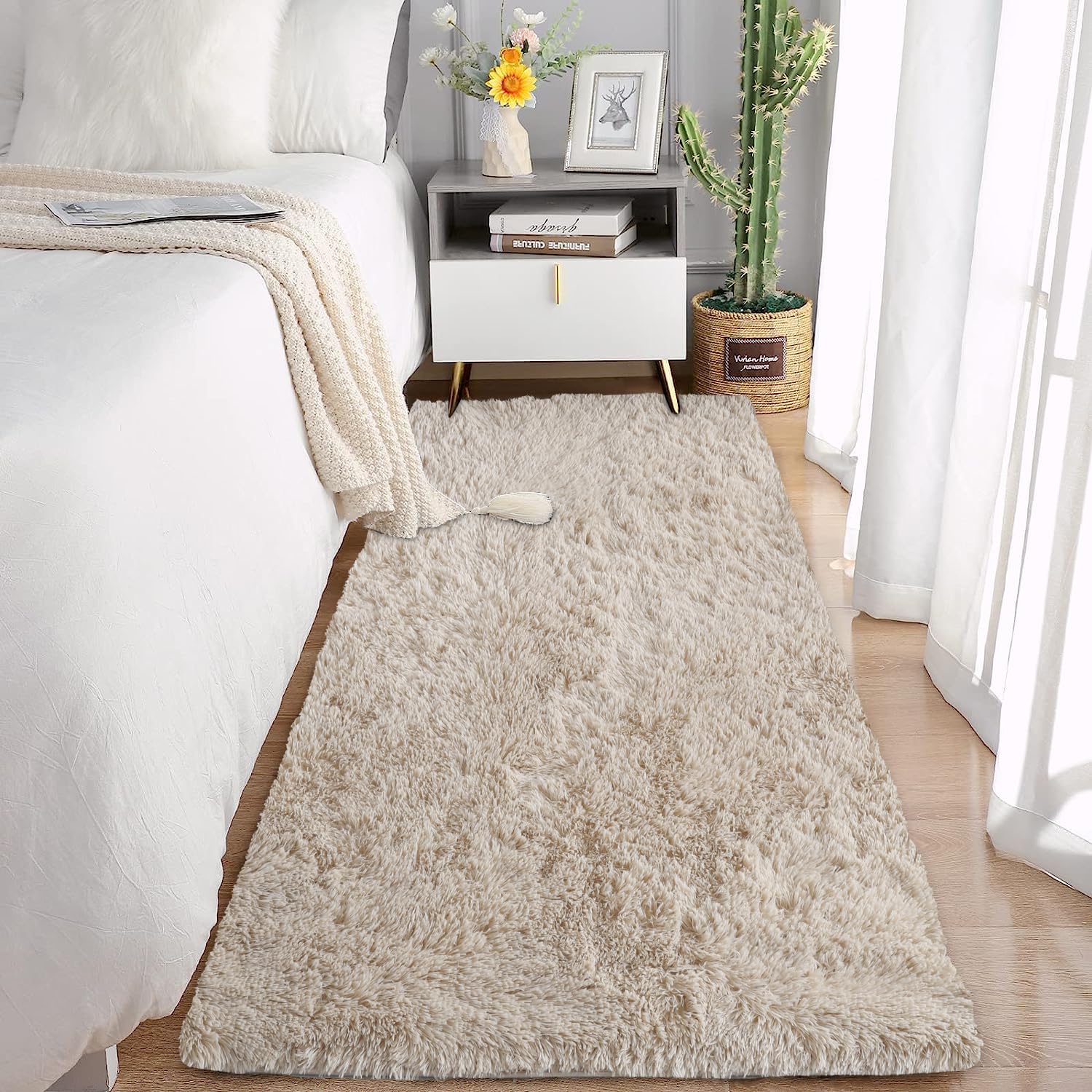 YUFANUHO Solid Beige 2x6 Feet Runner Rug for Living Room, Fluffy Light Camel Beige Rugs Non-Slip Ultra Soft 2'x6' Bedside Rug fo