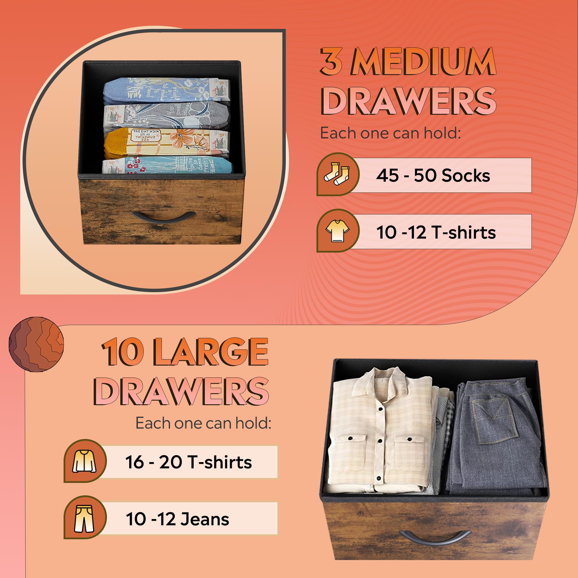 Wlive Tall Dresser For Bedroom With 13 Drawers, Storage Dresser Organizer Unit, Fabric Dresser For Bedroom, Closet, Chest Of Drawers, Steel Frame, Wood Top, Rustic Brown Wood Grain Print