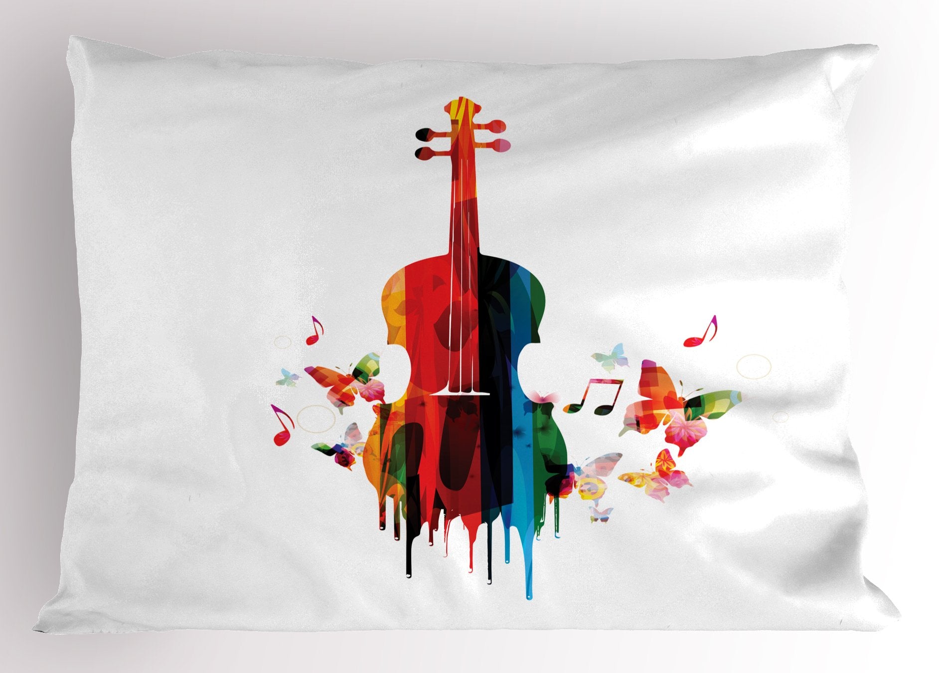 Lunarable Violin Pillow Sham, Abstract Composition Of Violoncello Dripping Paint Effect Butterflies, Decorative Standard Queen S