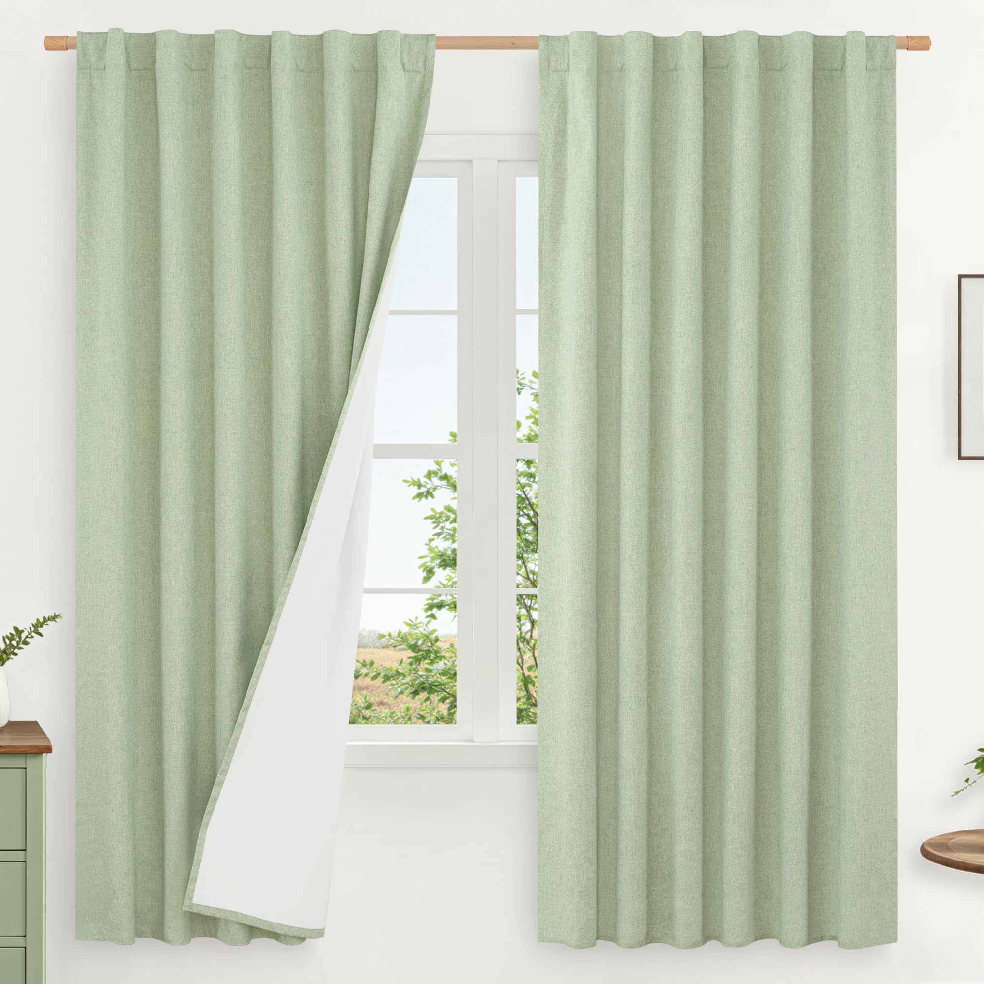 LAMIT 100% Blackout Natural Linen Curtains, 68 Inches Linen Textured Thermal Bedroom Curtains Back Tab and Rod Pocket Neutral Pa