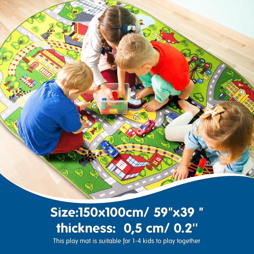 Booooom Jackson Kids Car Mat Train Rug, Green Oval Play Mat, 59 x 39 inches