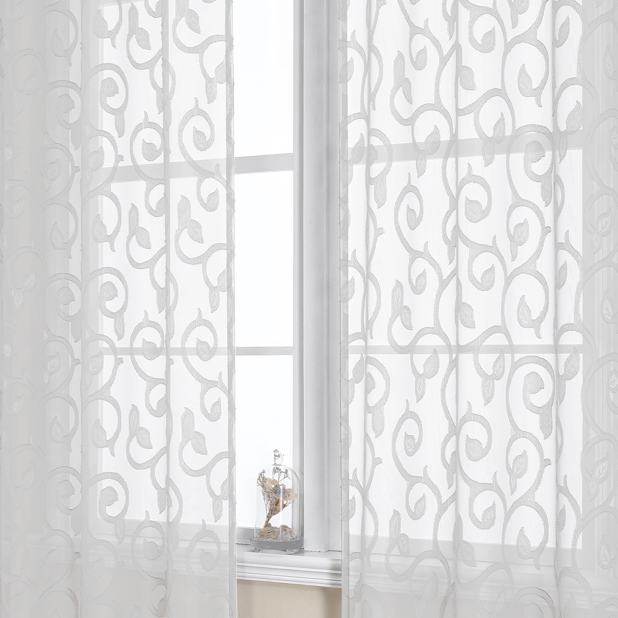Owenie Furman Sheer White Curtains 84 Inches Long For Bedroom Living Room 2 Panels Set, White Curtains Jacquard Clip Light Filte