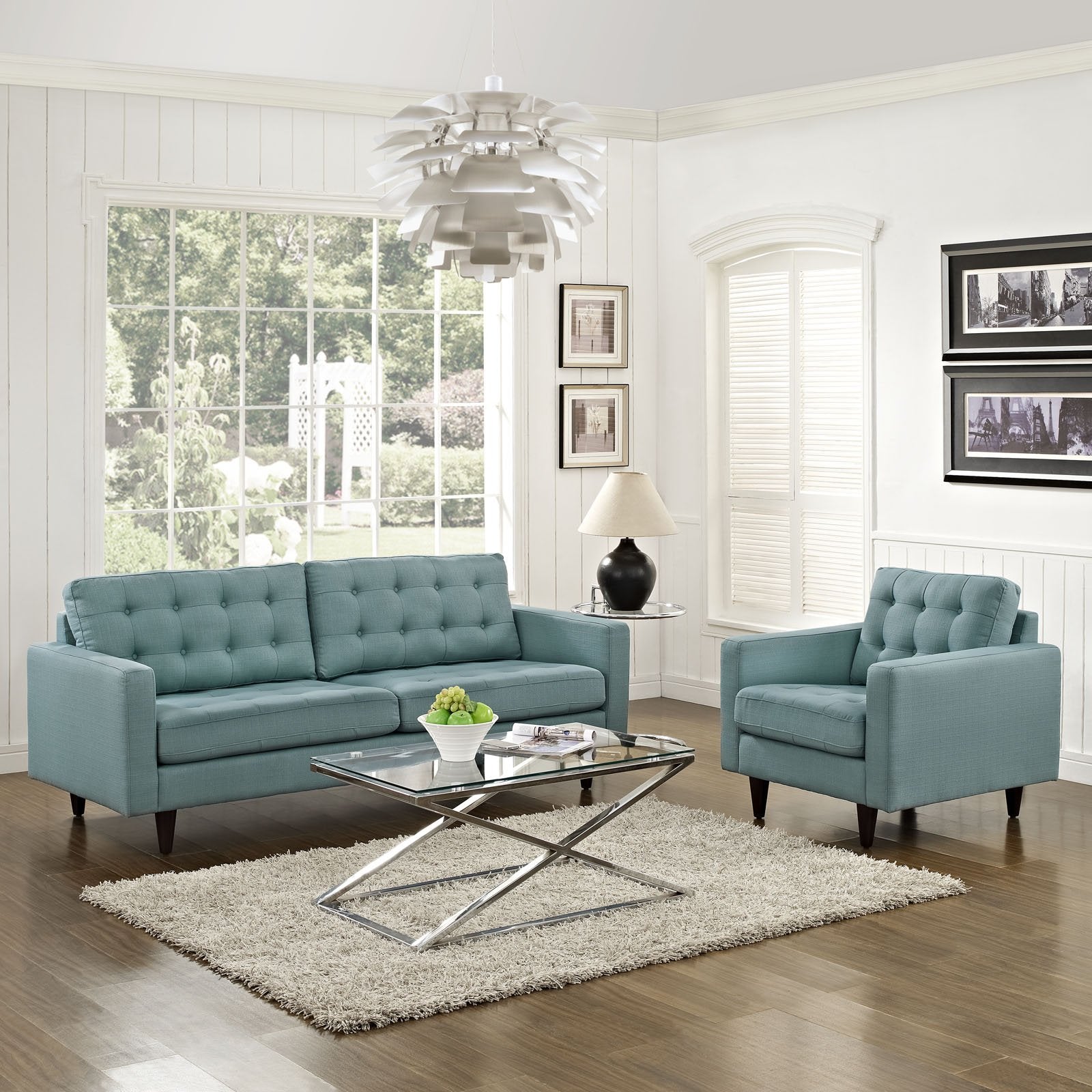 Modway Empress Mid-Century Modern Upholstered Fabric Sofa And Armchair Set In Laguna