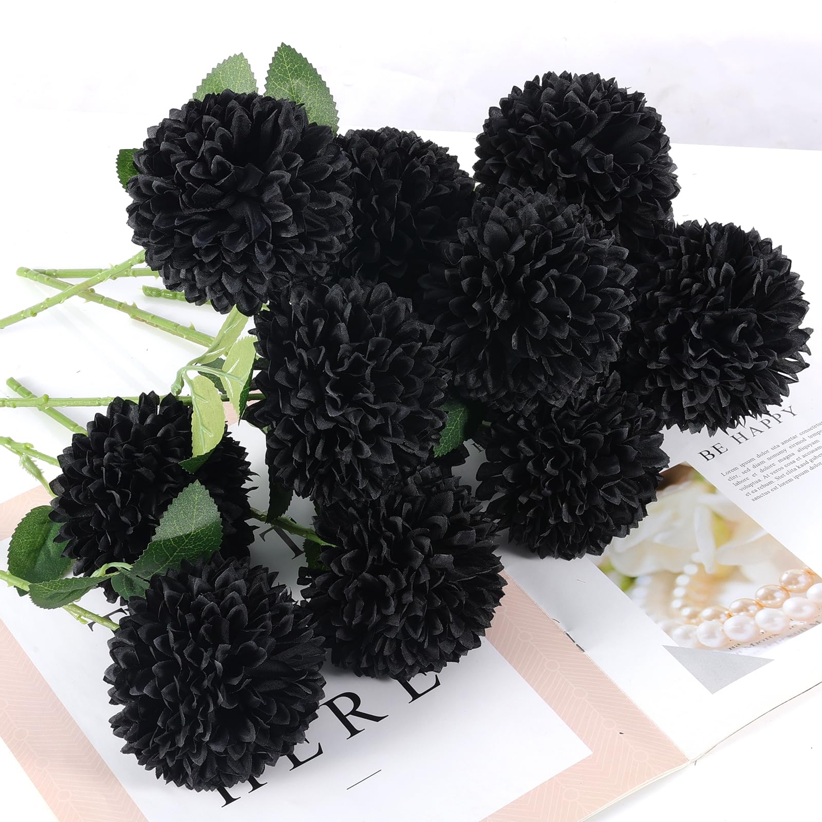 Hananona 12 Pcs Artificial Chrysanthemums Flowers Ball Flowers, Fake Mums Flowers Black Silk Plants For Ghothic Home Decor Indoo
