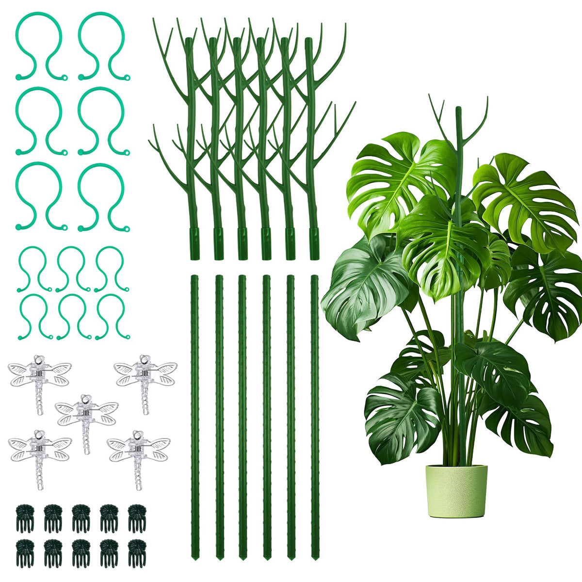 Plant Support Stakes Set 6 Pack 28.5' Detachable Twig Monstera Plant Support Sticks With Dragonfly Clips Orchid Clips, Stackabl