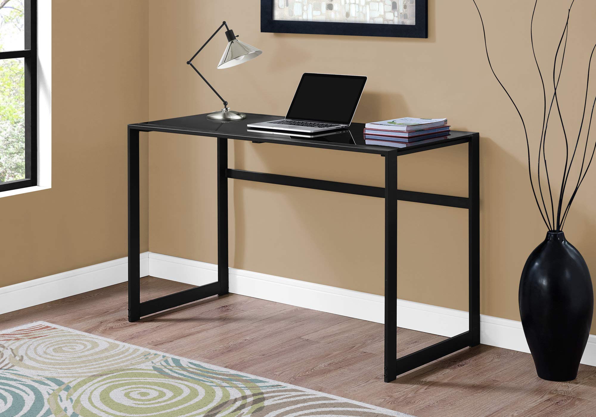 Monarch Specialties Study Laptop Table for Home & Office-Tempered Glass Top Computer Desk-Metal Legs, 48' L, Black