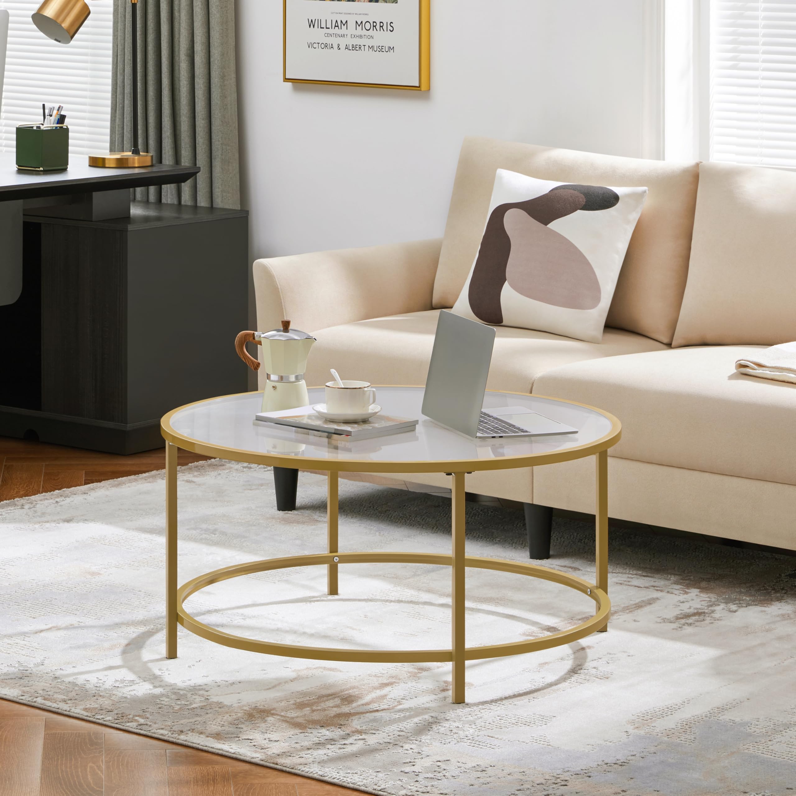 Yaheetech Gold Glass Coffee Table For Living Room, 36' Round Glass Coffee Table With Metal Frame, Circle Coffee Table For Home, Office, Apartment