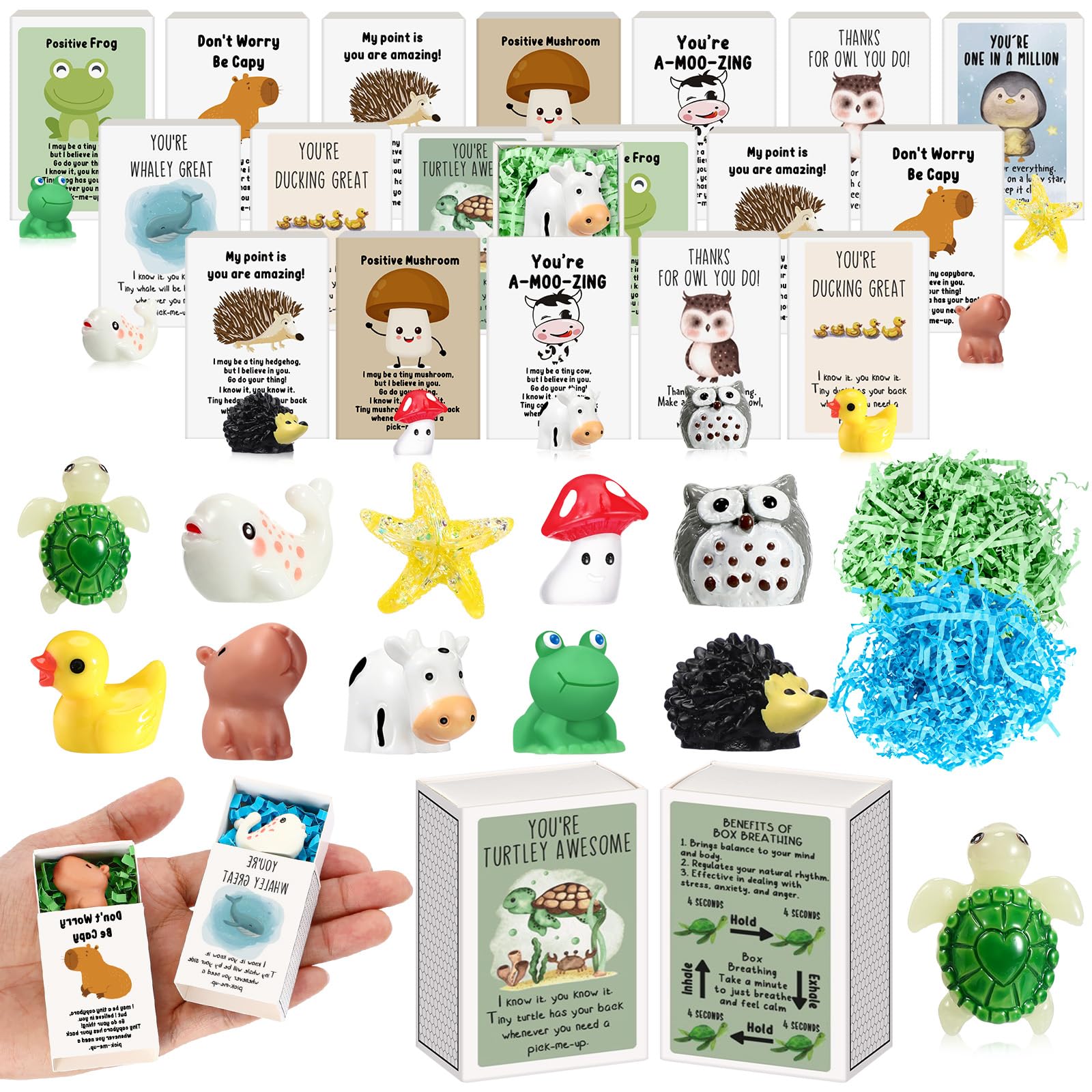 Soulchen 100 Sets Mini Emotional Gifts Bulk Cute for Employee Positive Inspirational Support Gifts for Coworkers Small Resin Ani