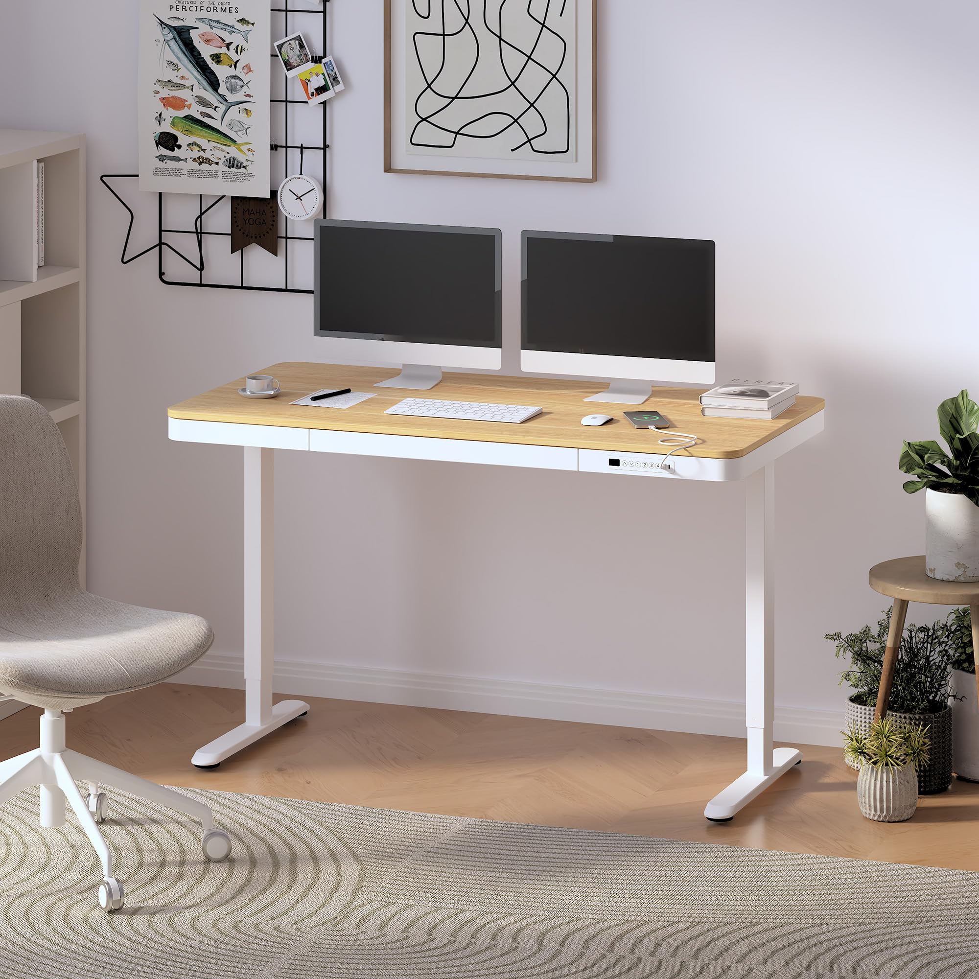 Flexispot 55' Electric Standing Desk With Drawers, Quick Assembly Home Office Sit Stand Desk With Storage, Usb Charging, Computer Desk For Home Office (Maple Top + White Adjustable Frame, Comhar)