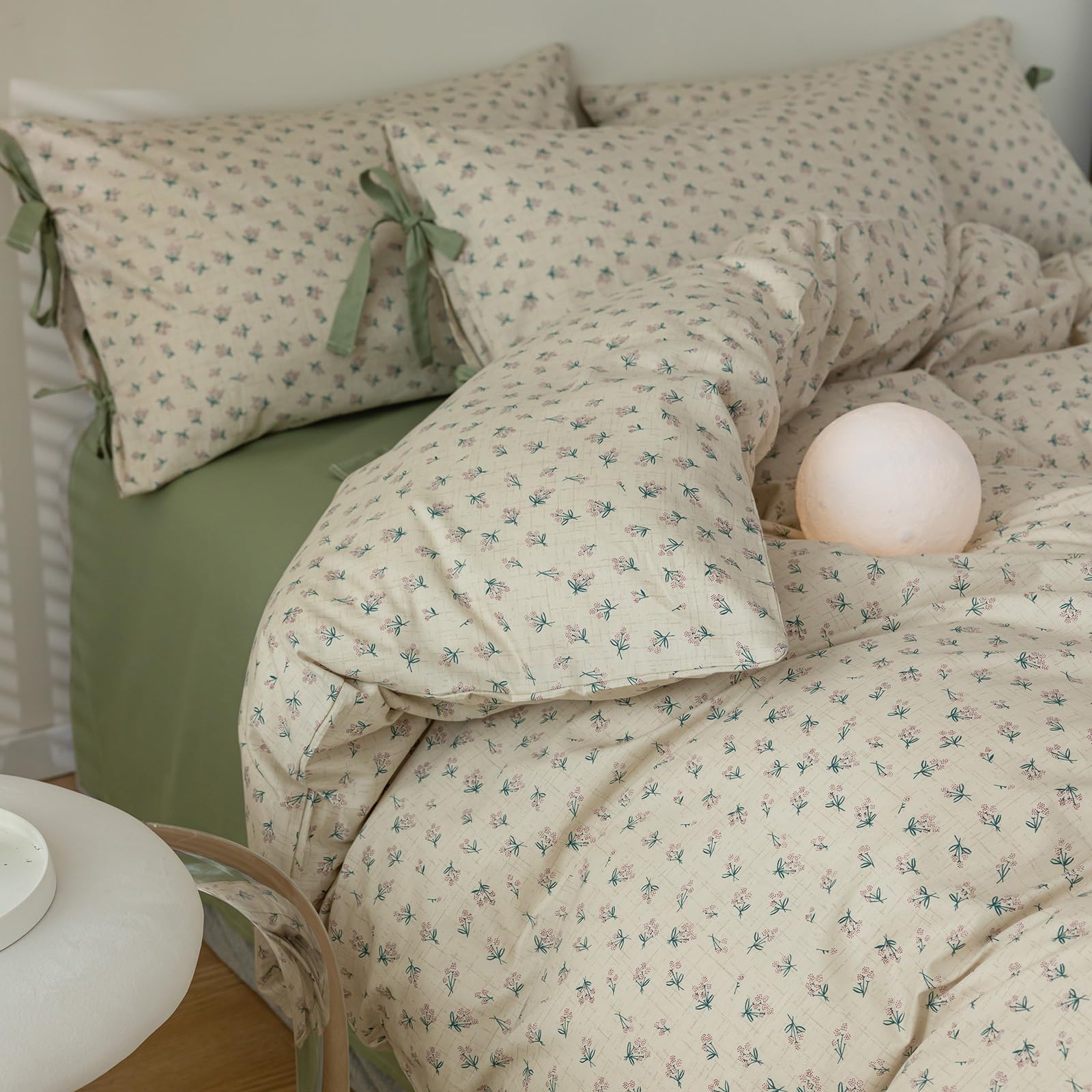 Cotton Duvet Cover King Chic Aesthetic Green Floral Comforter Cover Vintage Cottagecore Style Duvet Cover With 2 Bowknot Pillowc